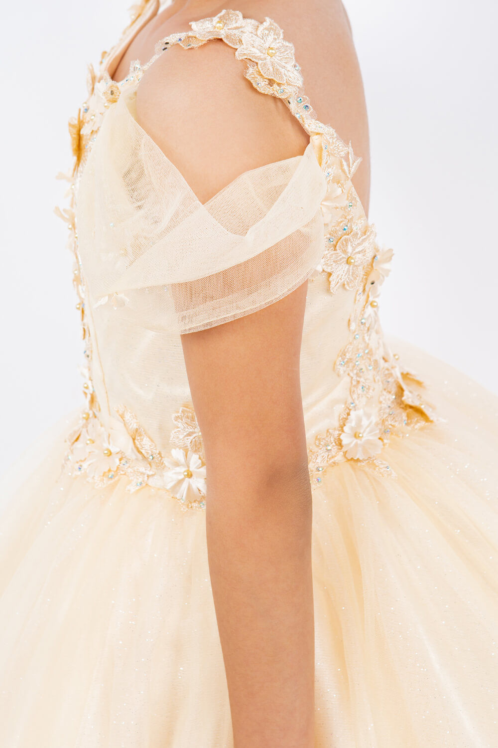 Champagne Sweetheart Neck Knee Length Glitter Tulle Special Occasion Dress with 3D Floral Corset Bodice Cinderella Couture 5134