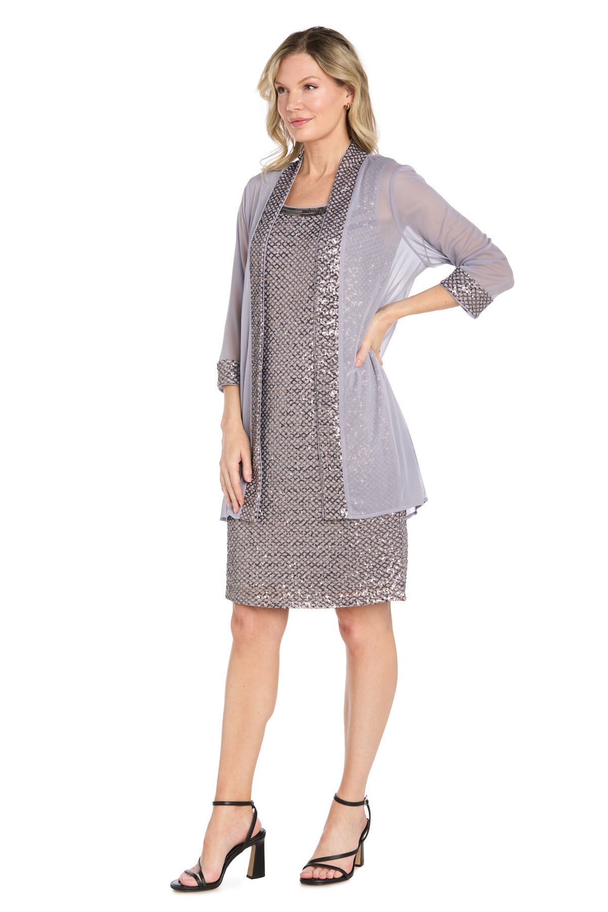 Square Neck Short Sequin Cocktail Dress with Jacket by Morgan & Co 5134 in Orchid