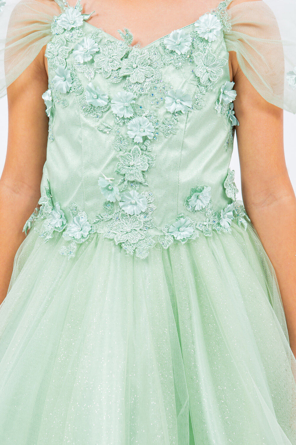 Sage Sweetheart Neck Knee Length Glitter Tulle Special Occasion Dress with 3D Floral Corset Bodice Cinderella Couture 5134