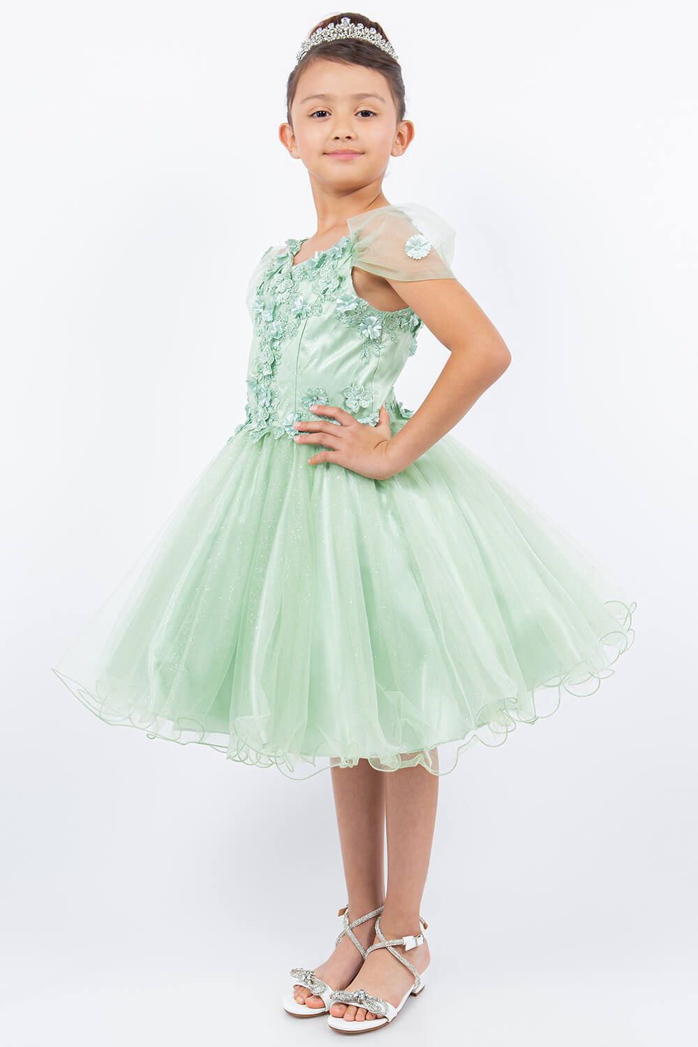 Sage Sweetheart Neck Knee Length Glitter Tulle Special Occasion Dress with 3D Floral Corset Bodice Cinderella Couture 5134