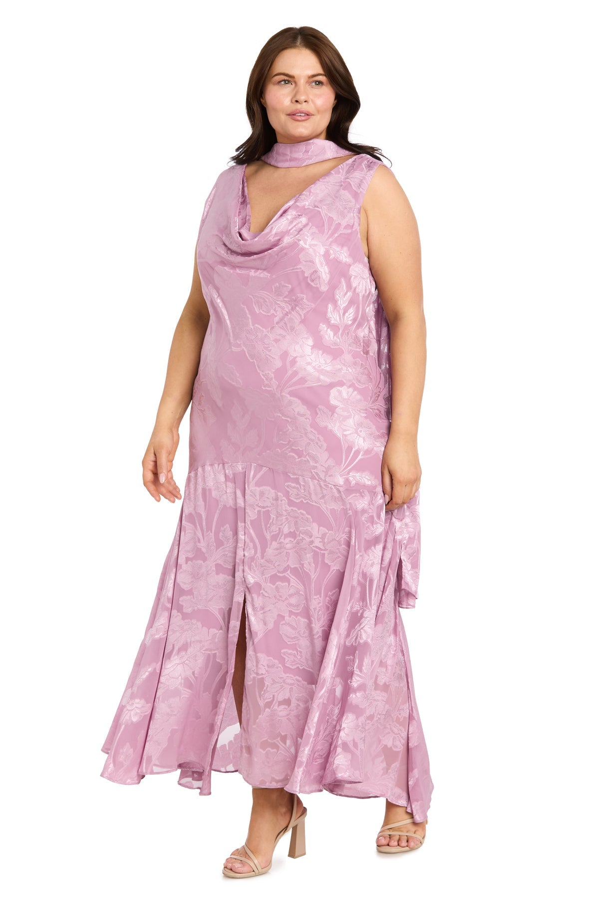 Cowl Neck Tea-Length Floral Chiffon Formal A-Line Plus Size Dress R&M Richards 5135W