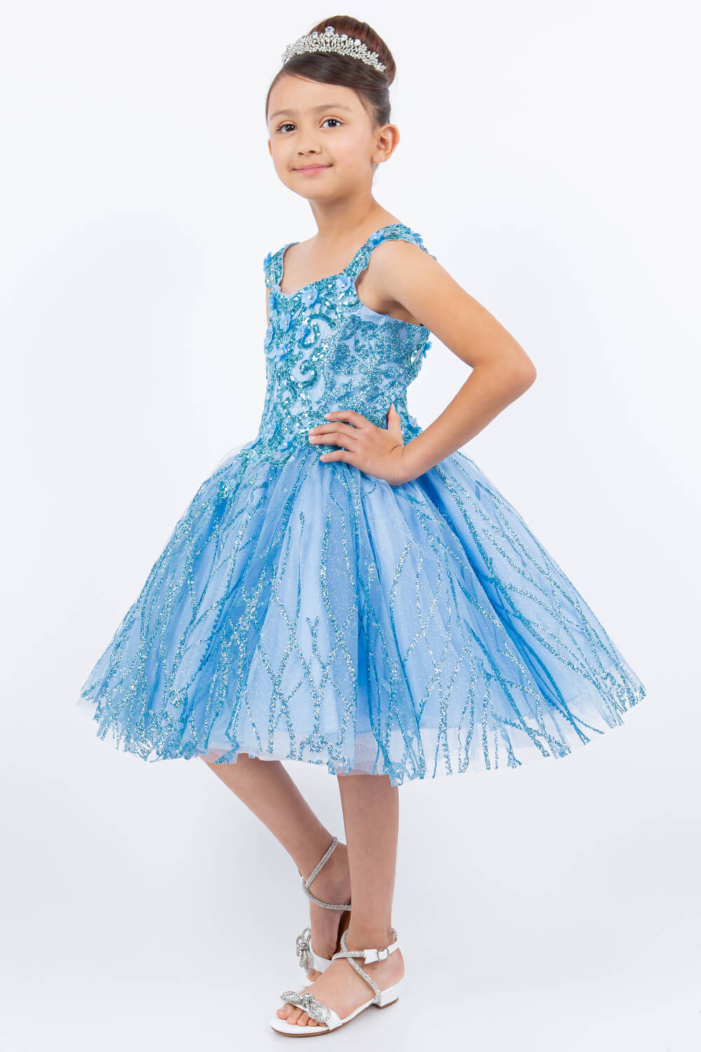 Blue Sweetheart Tea Length Tulle Mini Quince Corset Dress with Lace Applique Cinderella Couture 5136
