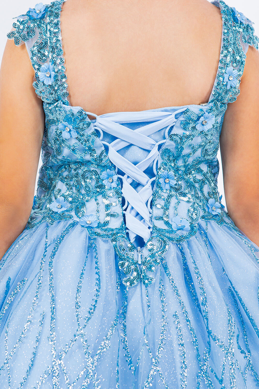 Blue Sweetheart Tea Length Tulle Mini Quince Corset Dress with Lace Applique Cinderella Couture 5136