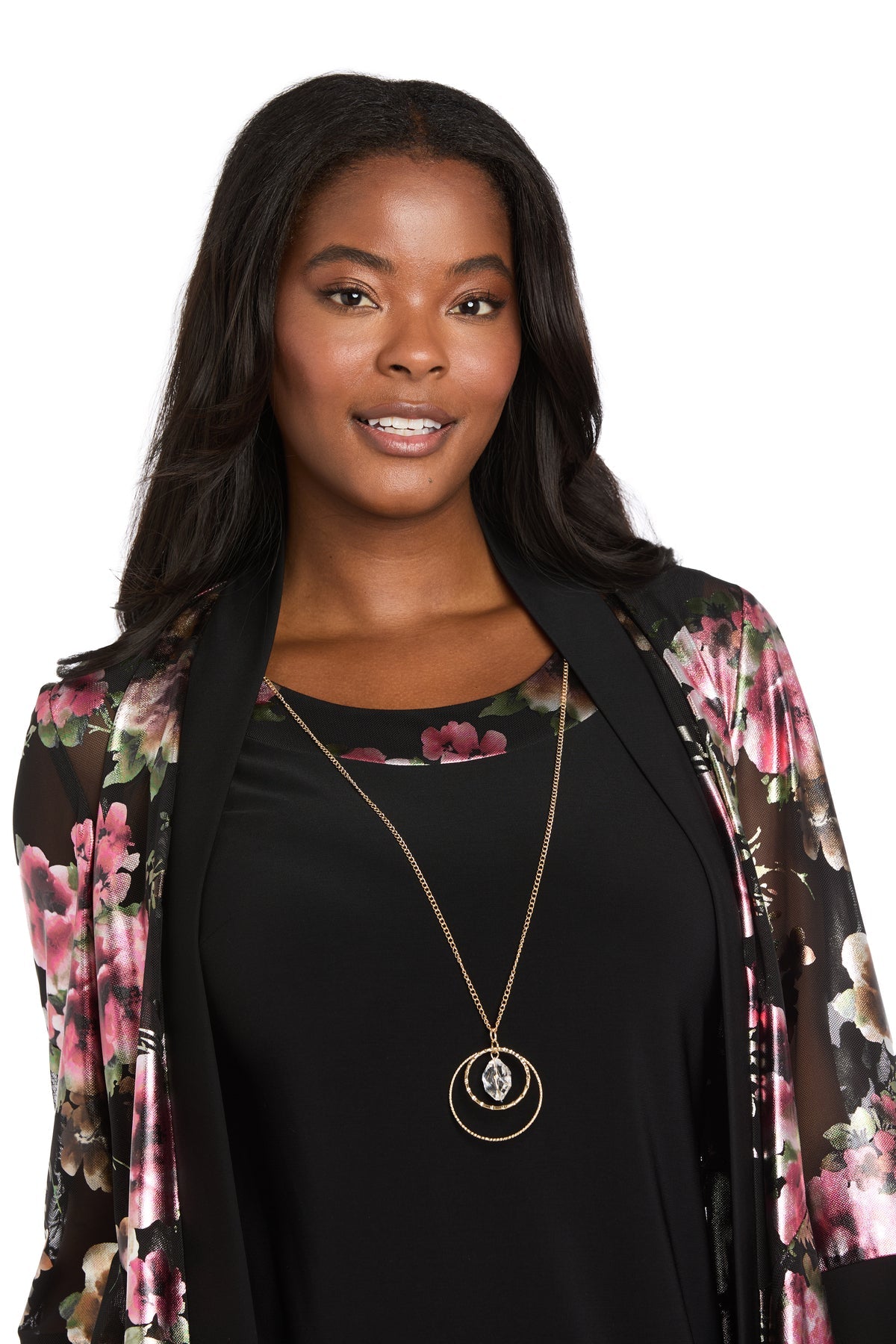 Collared Knee-Length Floral Jacket Dress by R&M Richards 5149 in Black/Rose