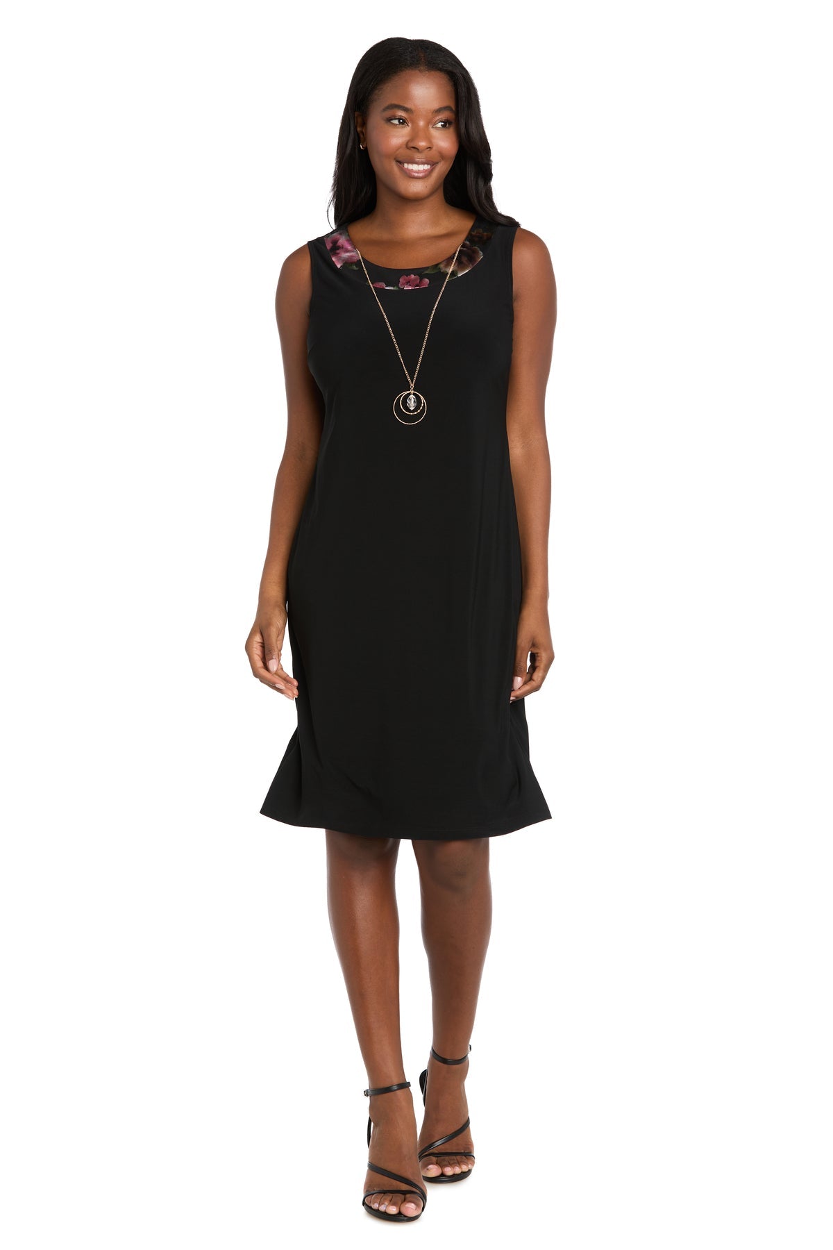 Collared Knee-Length Floral Jacket Dress by R&M Richards 5149 in Black/Rose
