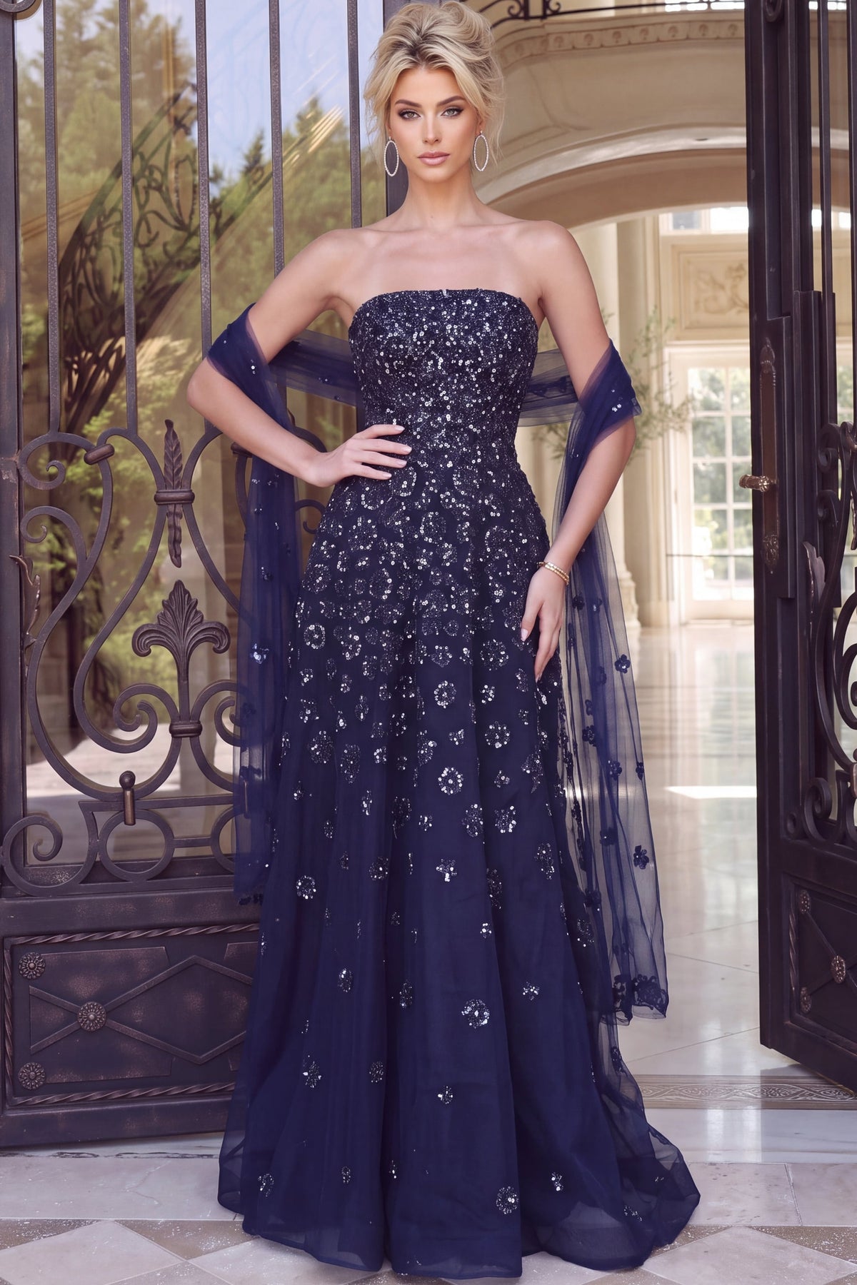 Strapless Curved Neck Floor-Length Sequin Occasion A-Line Jovani 51617