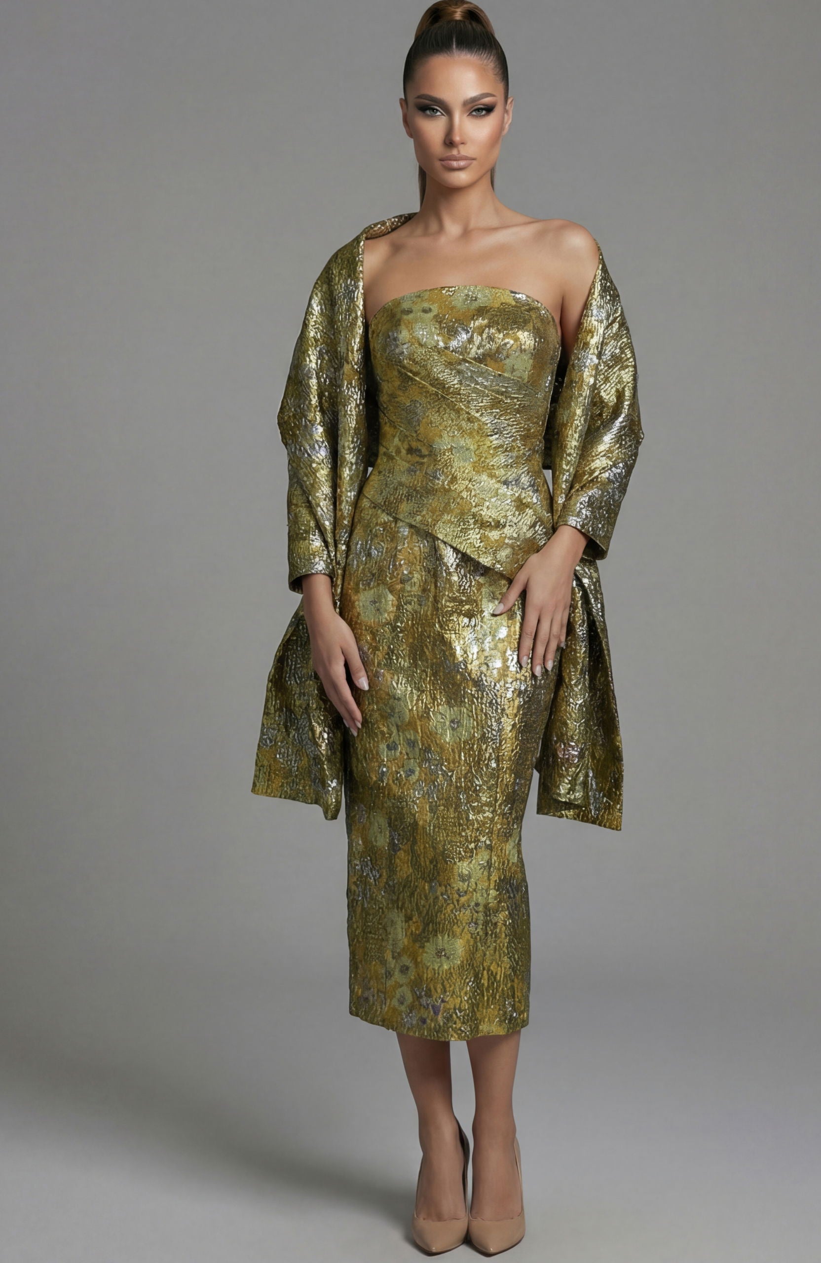 Cocktail Dresses Short Fitted Tea Length Metallic Cocktail Dress Jovani 51636 Yellow/Multi