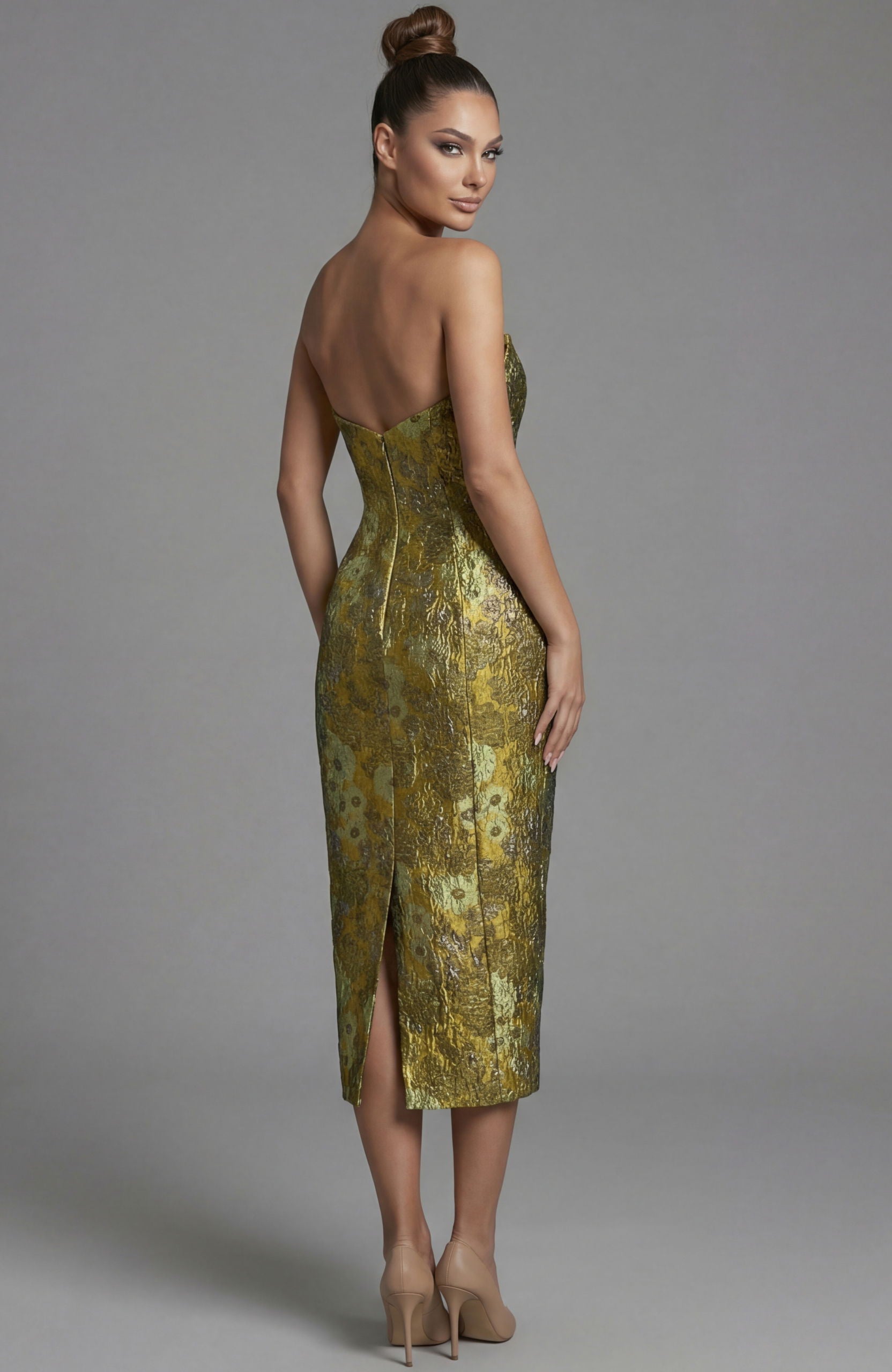 Cocktail Dresses Short Fitted Tea Length Metallic Cocktail Dress Jovani 51636 Yellow/Multi