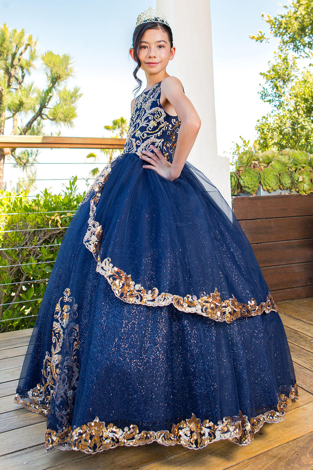 Navy Illusion High Neck Floor Length Glitter Tulle Quinceanera Ball Gown with Gold Lace Appliques Cinderella Couture 5163