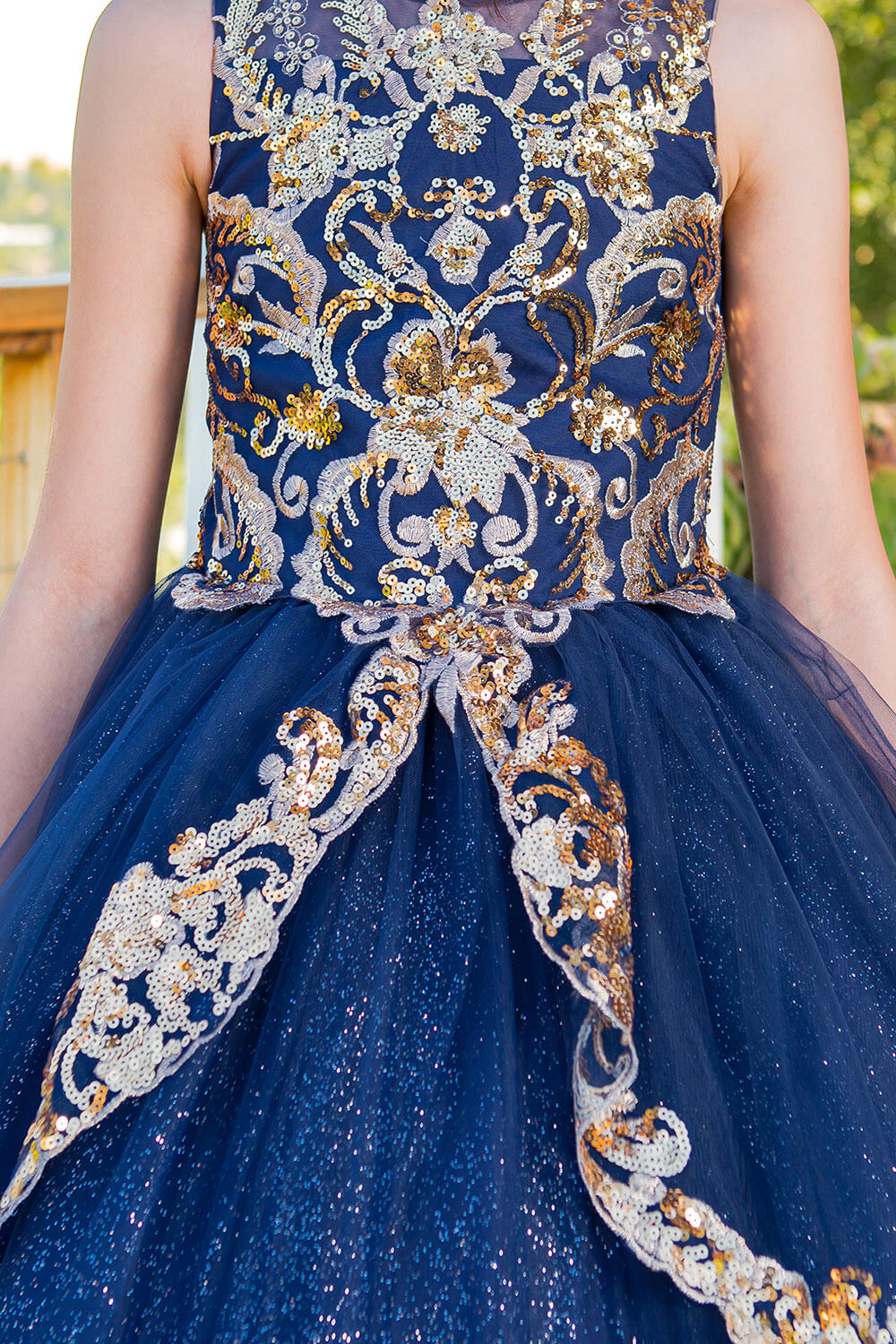 Navy Illusion High Neck Floor Length Glitter Tulle Quinceanera Ball Gown with Gold Lace Appliques Cinderella Couture 5163