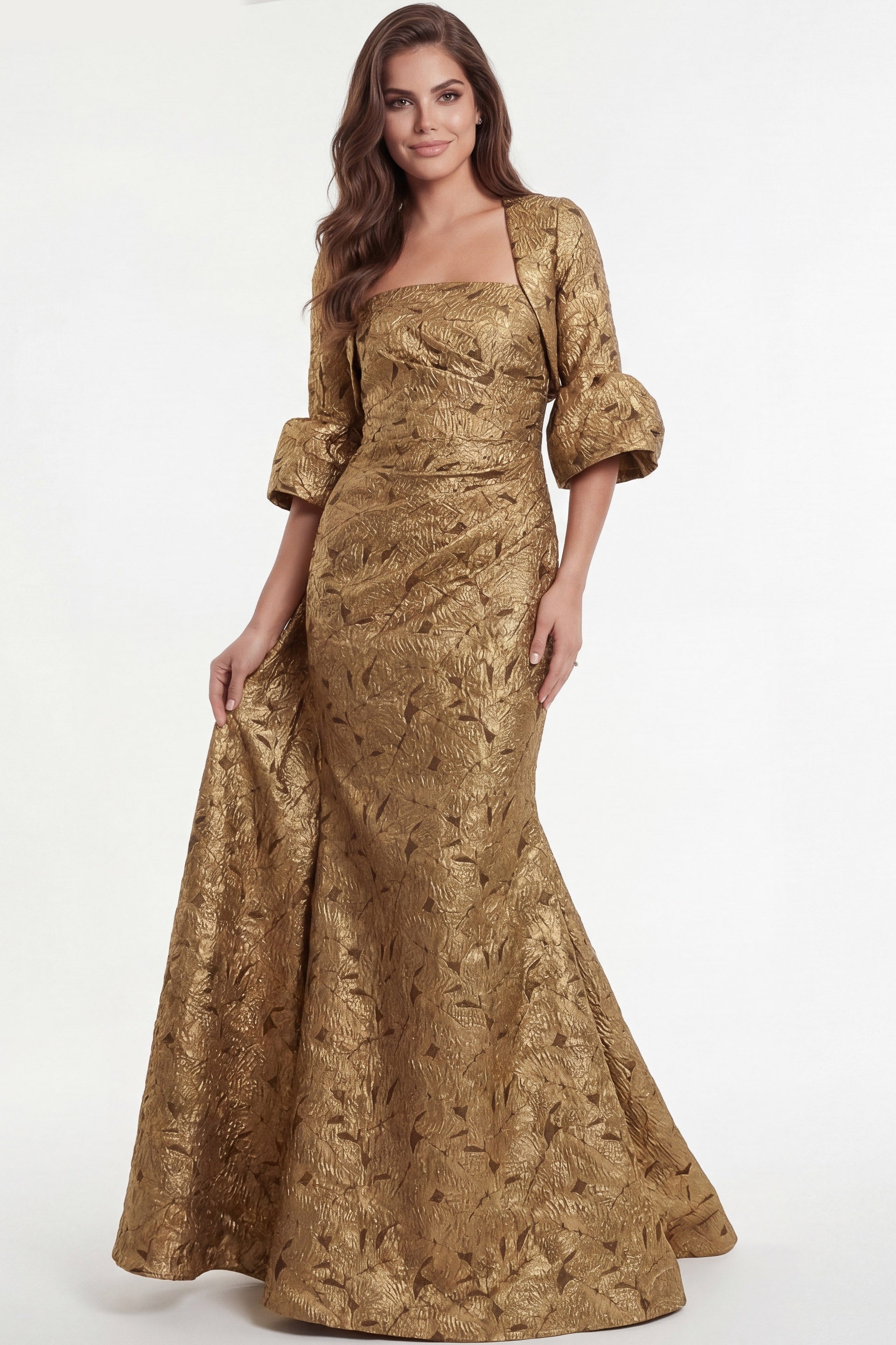 Gold Square Neck Floor-Length Gold Jacquard Mermaid Mother of the Bride Dress with Bell Sleeves Jovani 51653