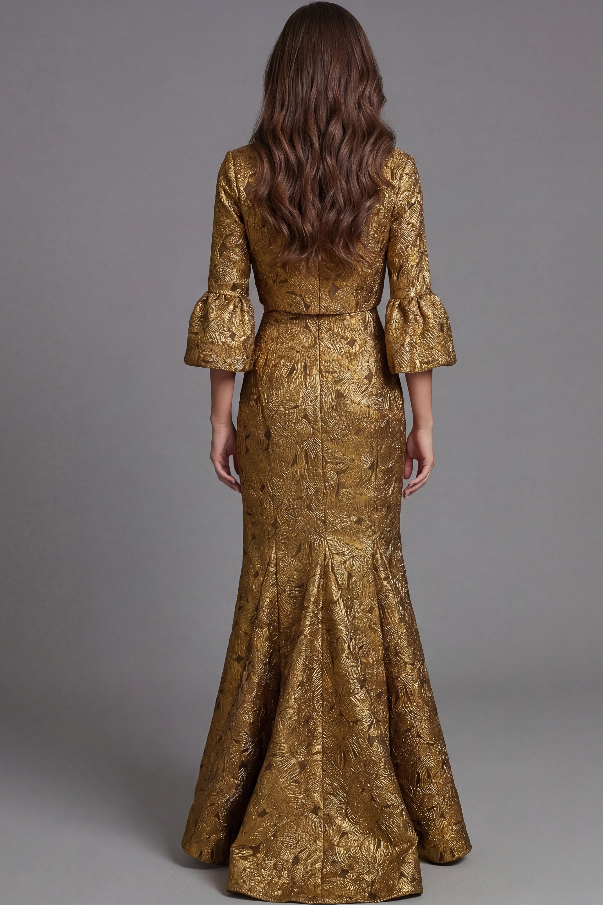 Gold Square Neck Floor-Length Gold Jacquard Mermaid Mother of the Bride Dress with Bell Sleeves Jovani 51653