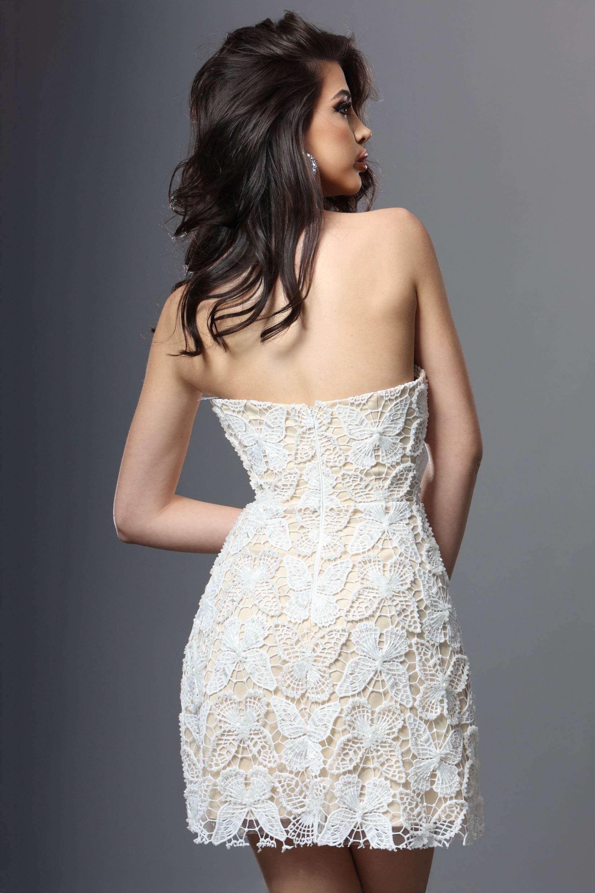 Strapless Straight Neck Mini Lace Cocktail Sheath Jovani 51658
