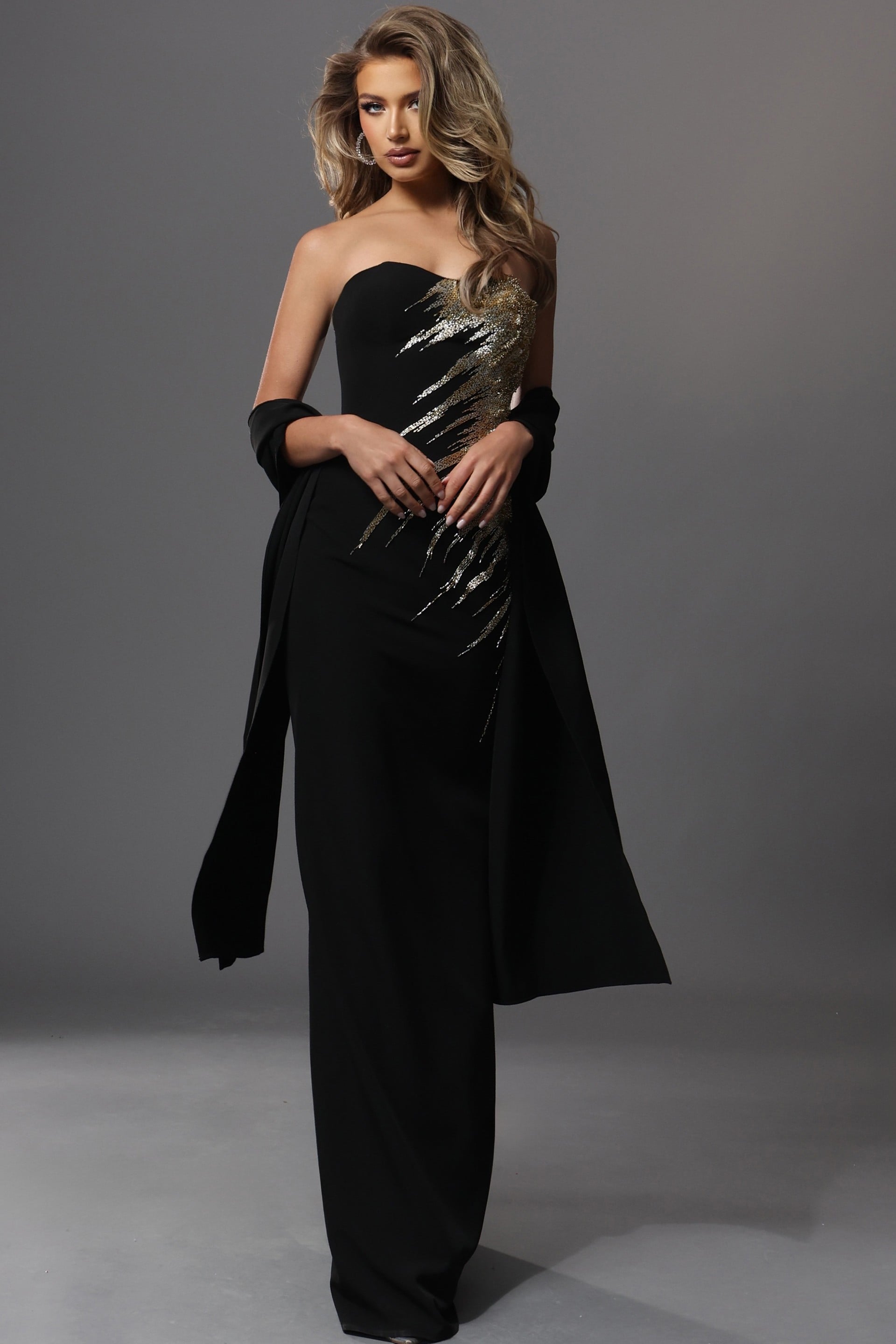 Strapless Curved Neck Floor-Length Satin Formal Sheath Jovani 51900