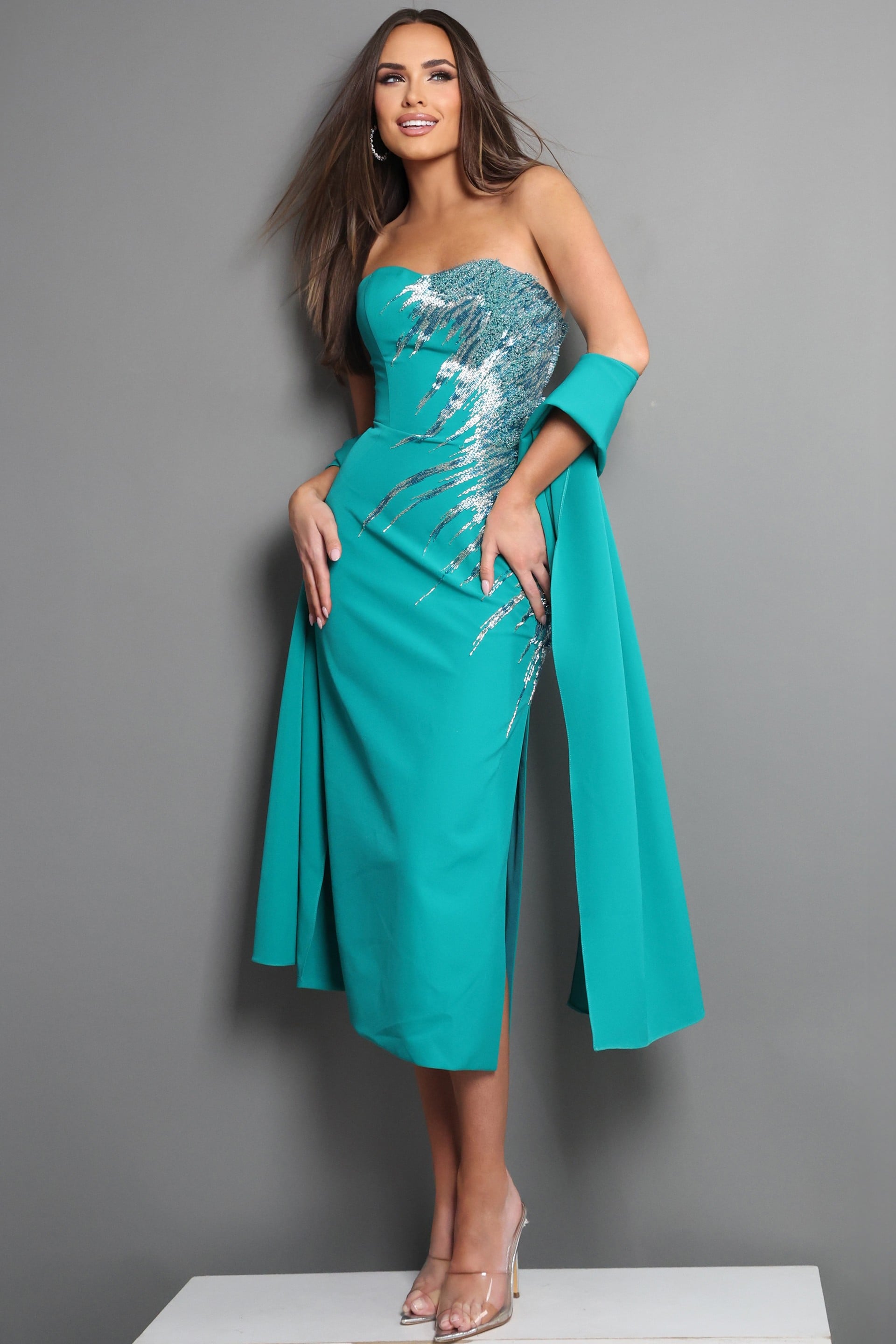 Strapless Curved Neck Midi Satin Cocktail Sheath Jovani 51901