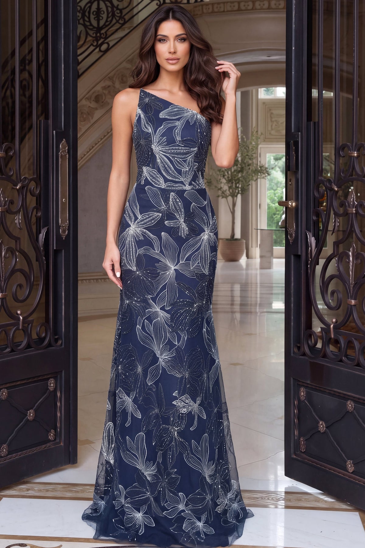 One-Shoulder Floor-Length Lace Formal Mermaid Jovani 52024
