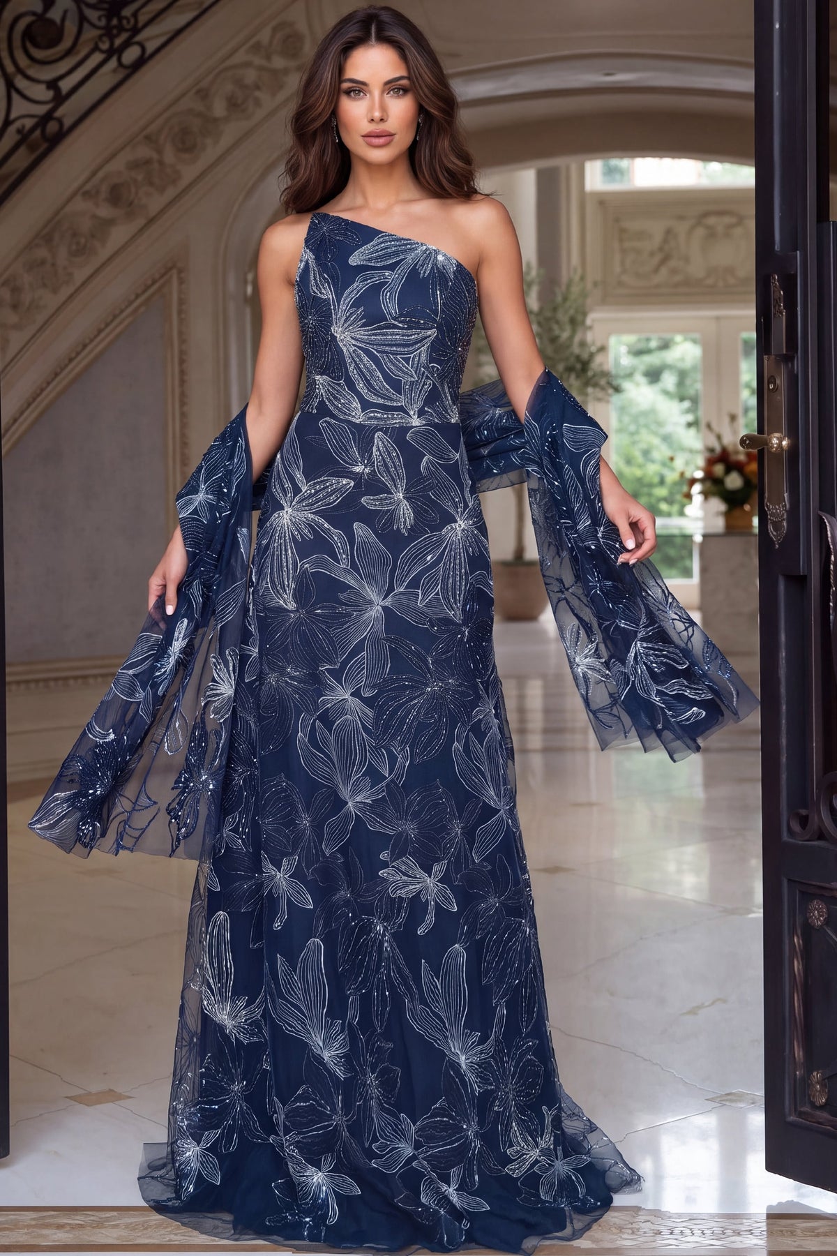 One-Shoulder Floor-Length Lace Formal Mermaid Jovani 52024