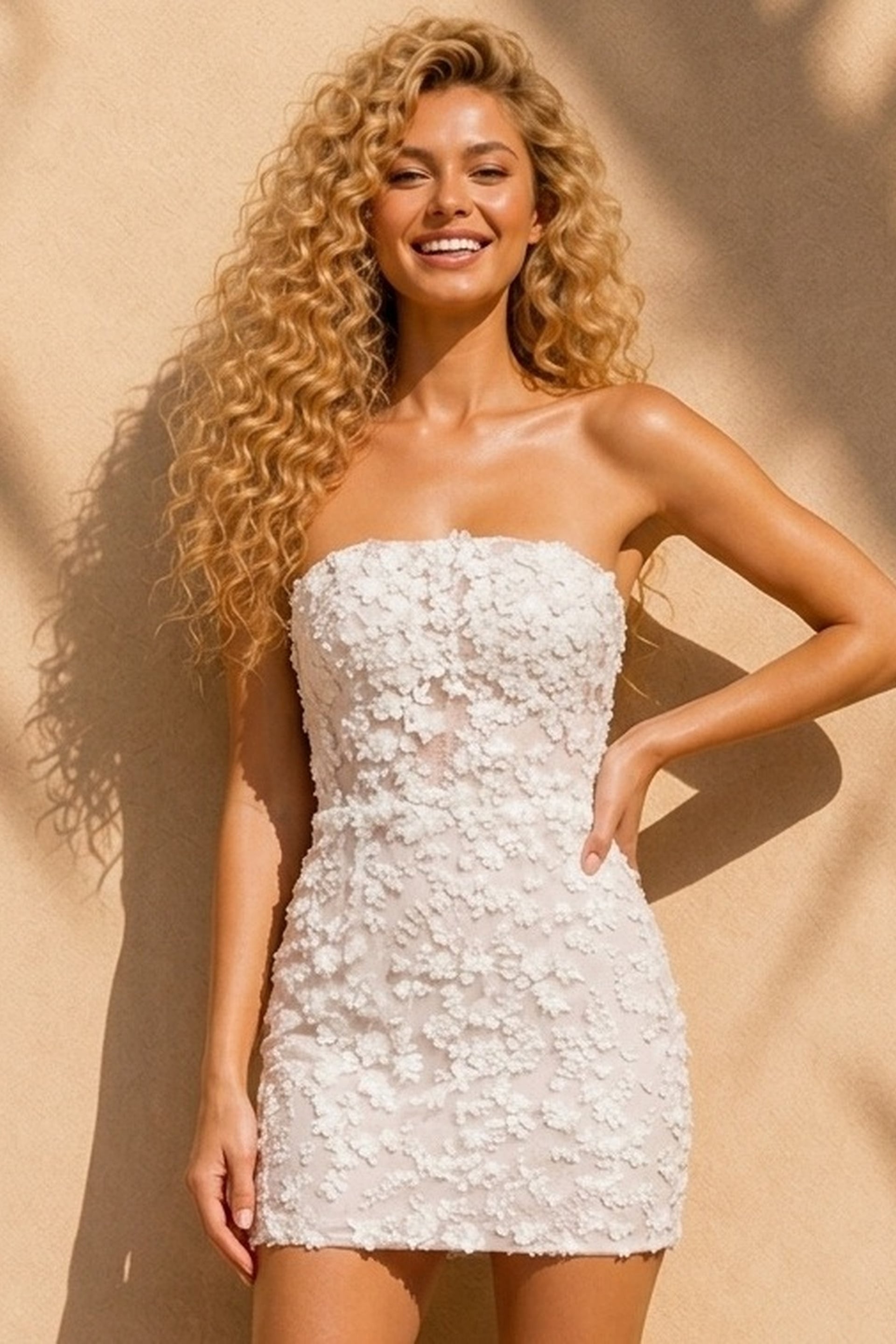 Strapless Straight Neck Mini Lace Cocktail Bodycon Jovani 52072