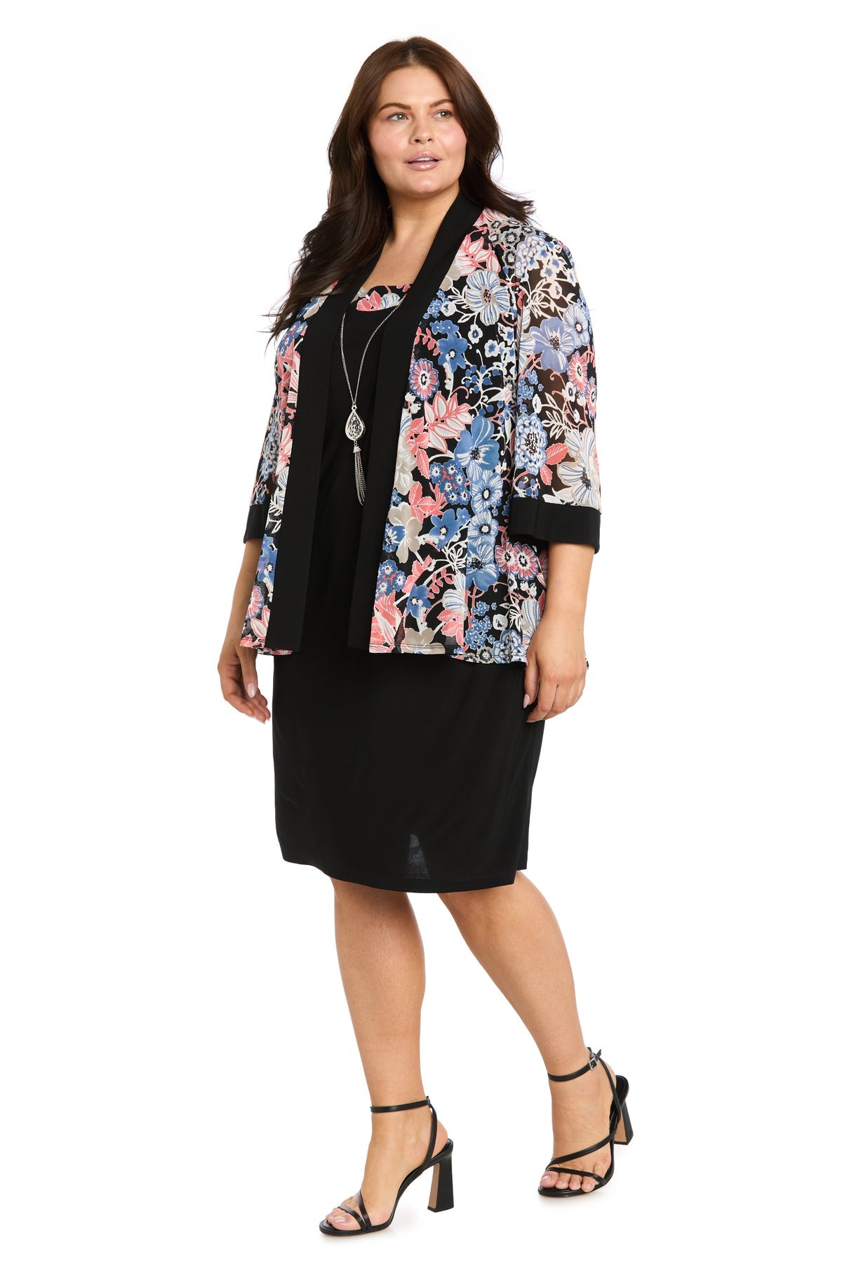 Shawl Collar Knee-Length Floral Jacket Dress by R&M Richards 5209W in Black/Blush
