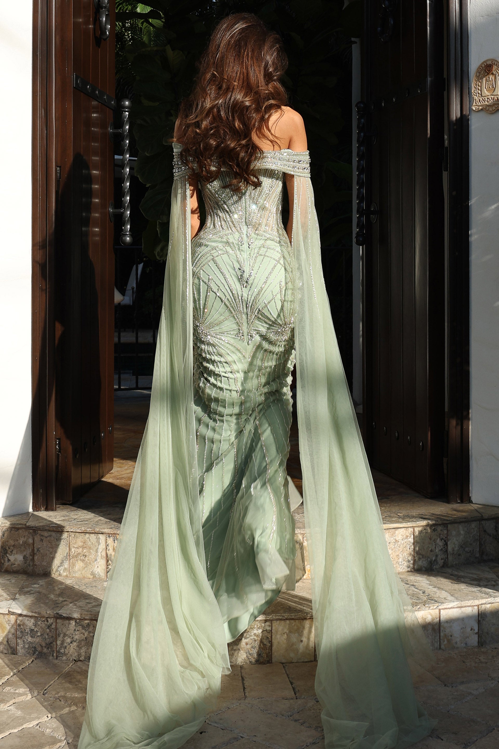 Green Off-the-Shoulder Floor-Length Beaded Sequin Prom Mermaid Gown Jovani 52207