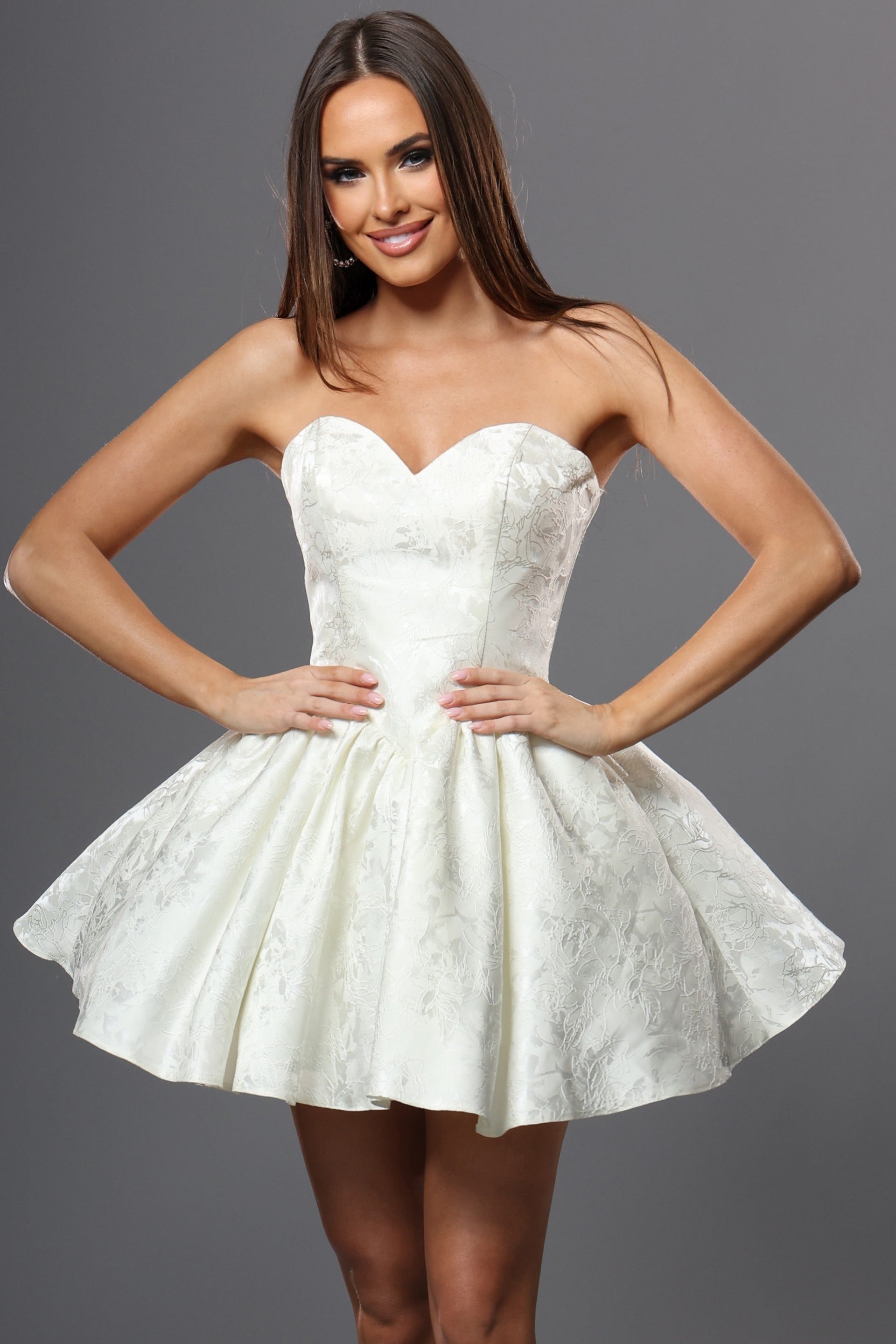 Strapless Curved Neck Mini Lace Cocktail A-Line Jovani 52228