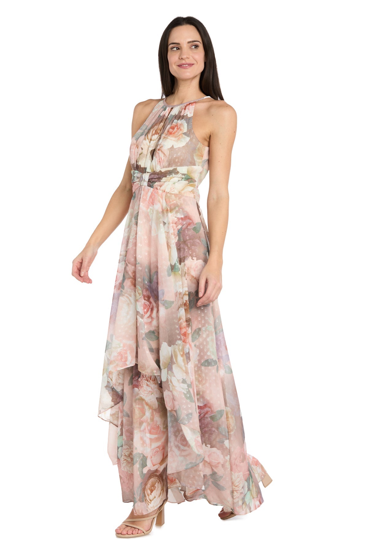 Rose Wood Halter Floor-Length Chiffon Formal Gown Asymmetrical Skirt R&M Richards 5233P