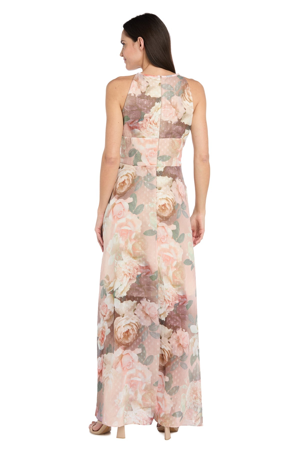 Rose Wood Halter Floor-Length Chiffon Formal Gown Asymmetrical Skirt R&M Richards 5233P