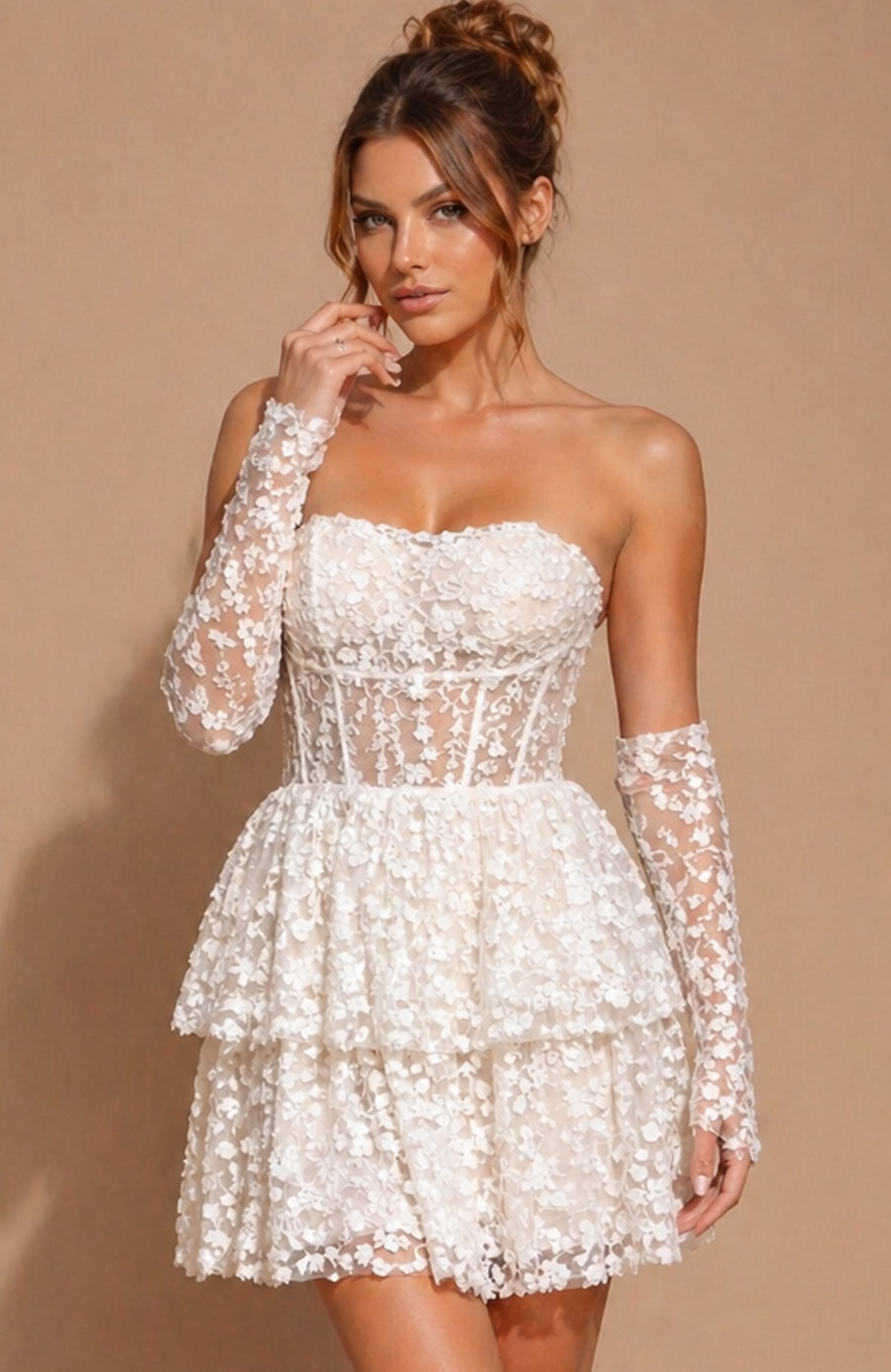 Strapless Curved Neck Mini/Short Lace Occasion Fit & Flare Jovani 52363