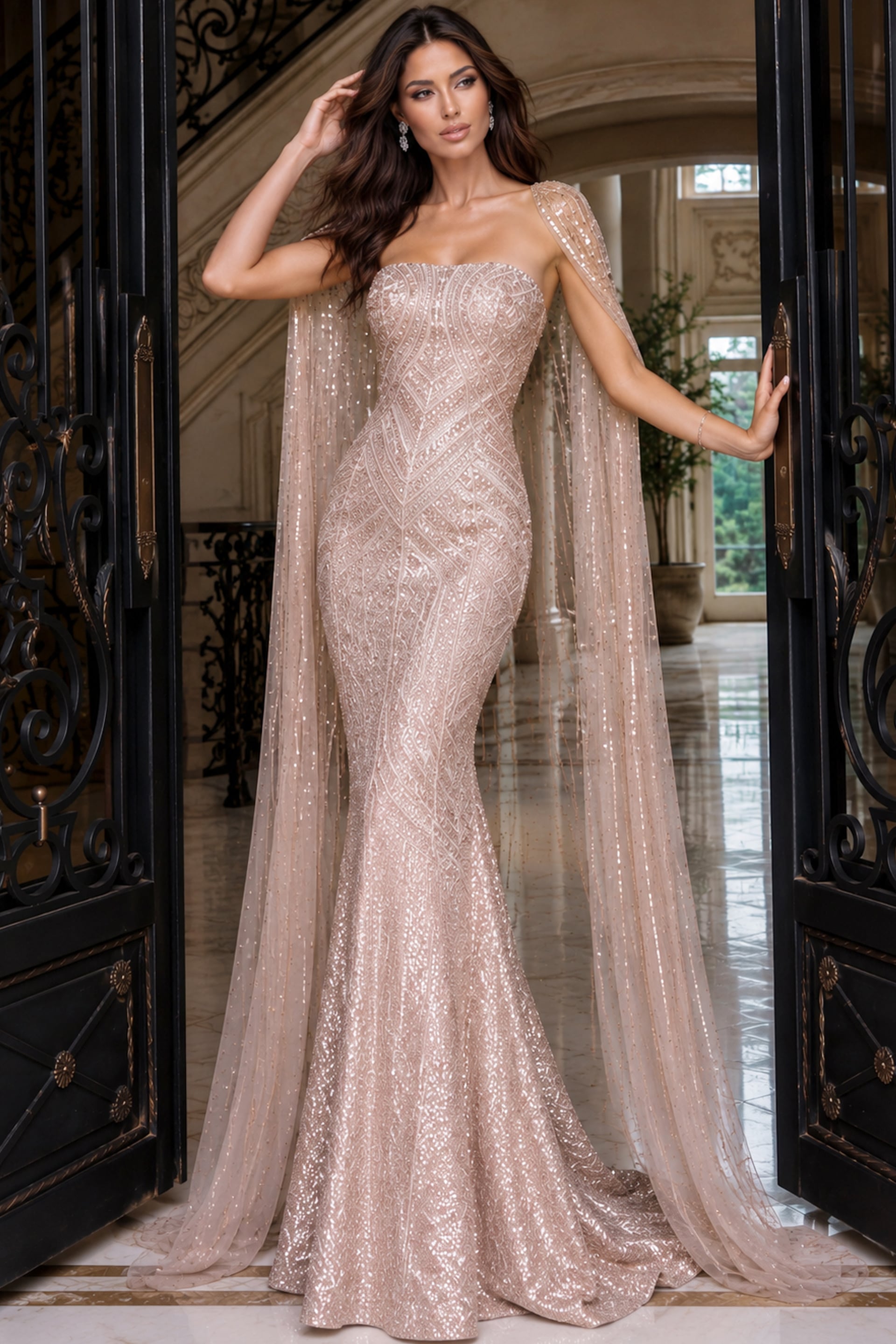 Strapless Curved Neck Floor-Length Sequin Occasion Mermaid Jovani 52485
