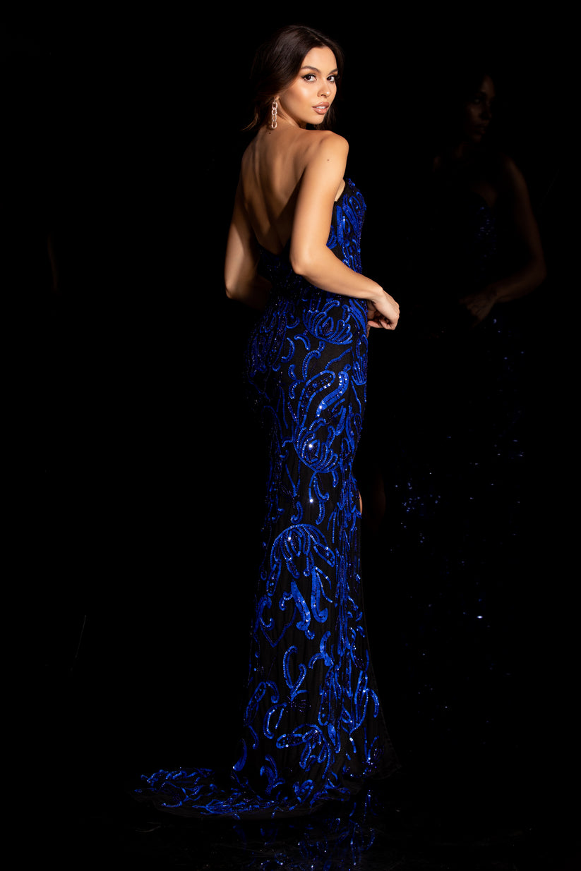 Prom Dresses Lace Formal Long Slit Prom Sequin Dress Aleta 524 Black/Royal