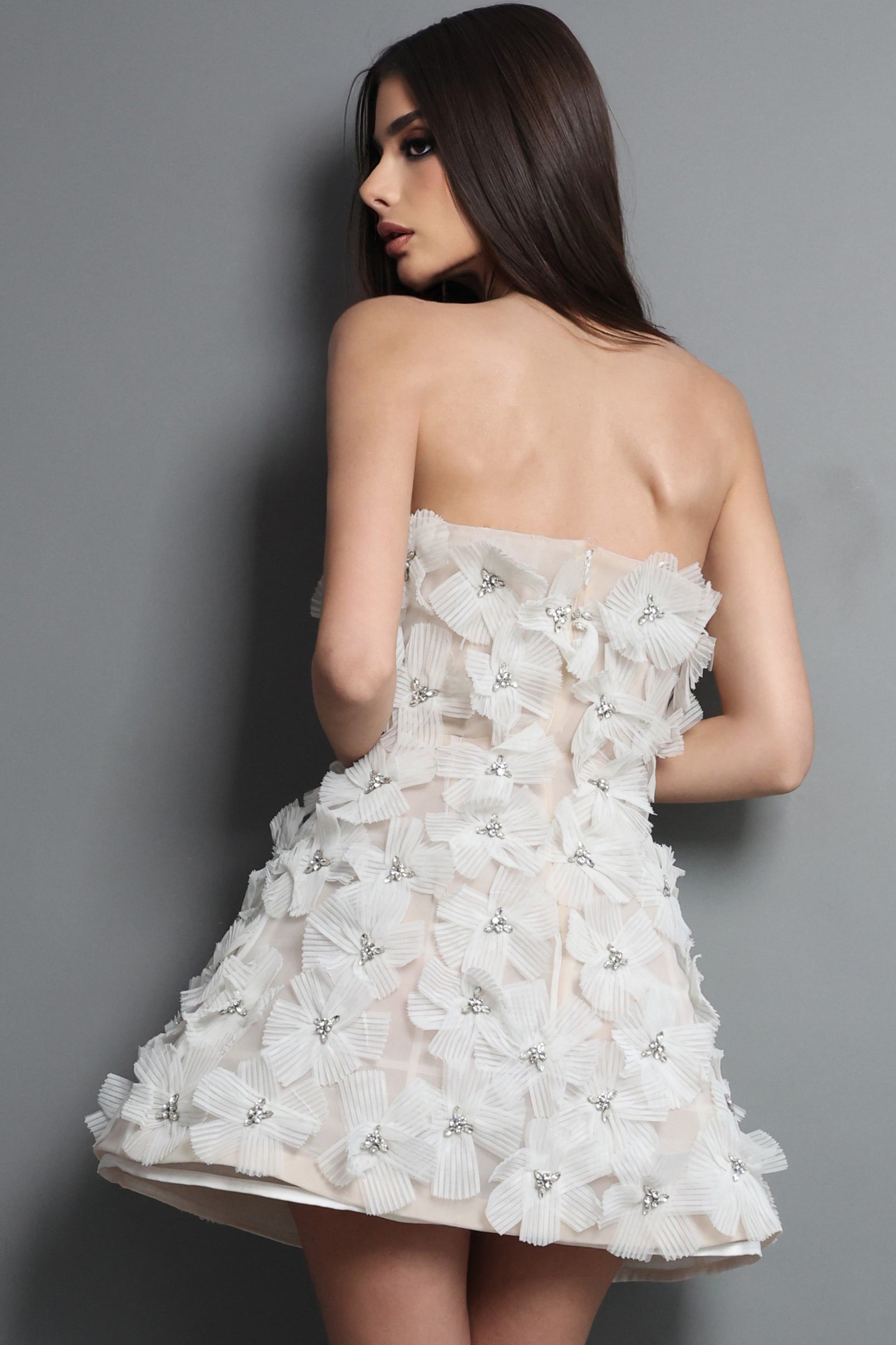 Ivory Sweetheart Mini Tulle Wedding 3D Floral Applique Dress Jovani 52559