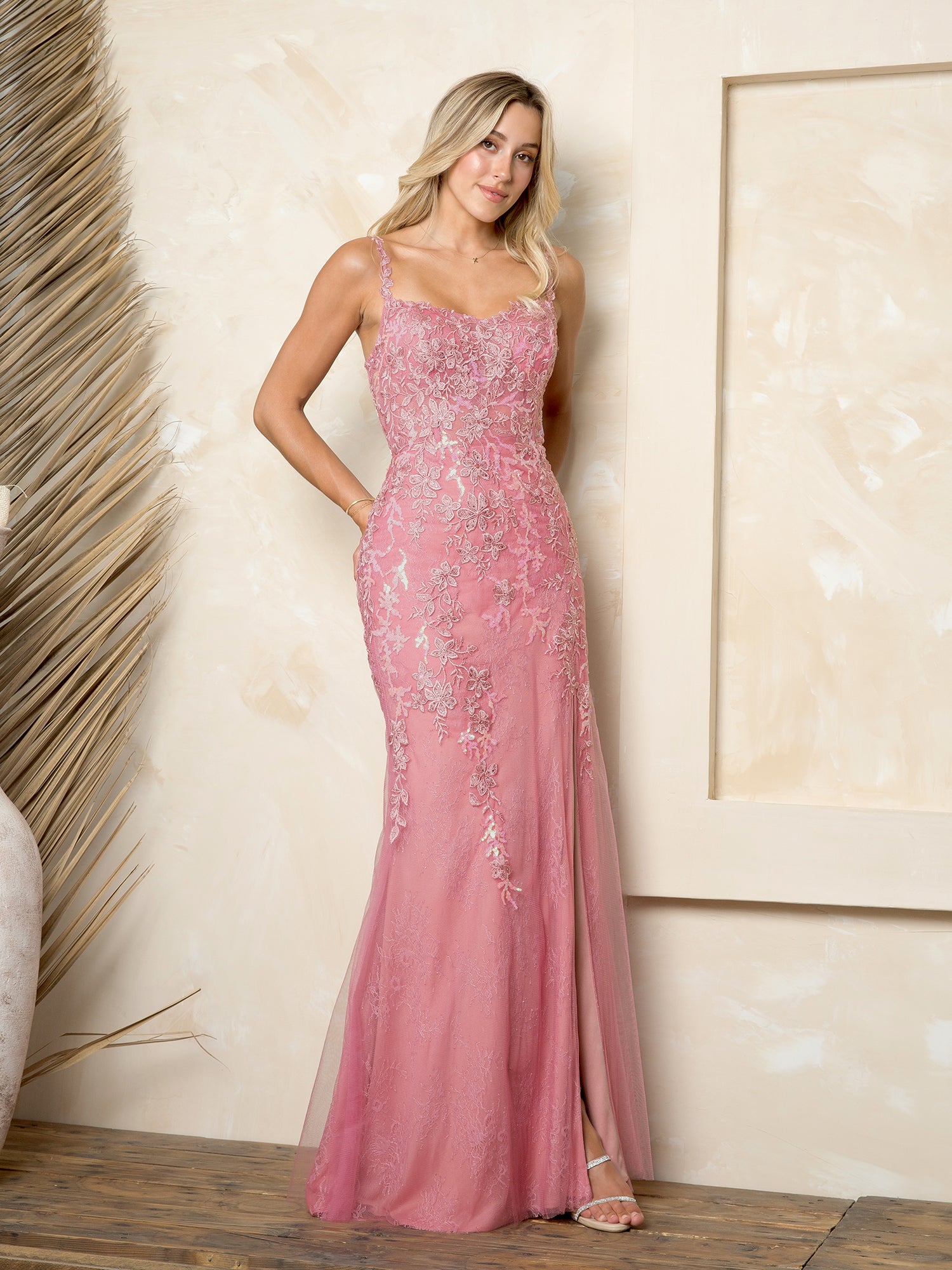 Prom Dresses Long Slit Lace Formal Prom Dress Dusty Rose