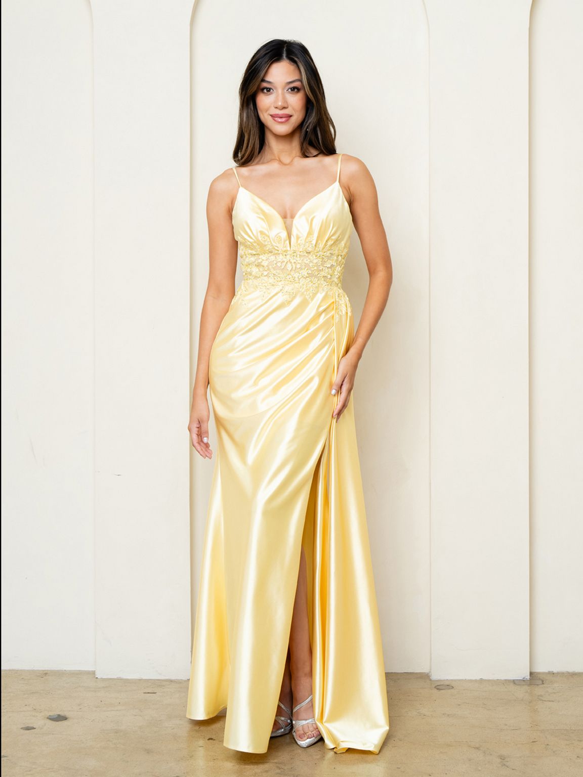 Prom Dresses Slit Long Formal A Line Prom Dress Yellow