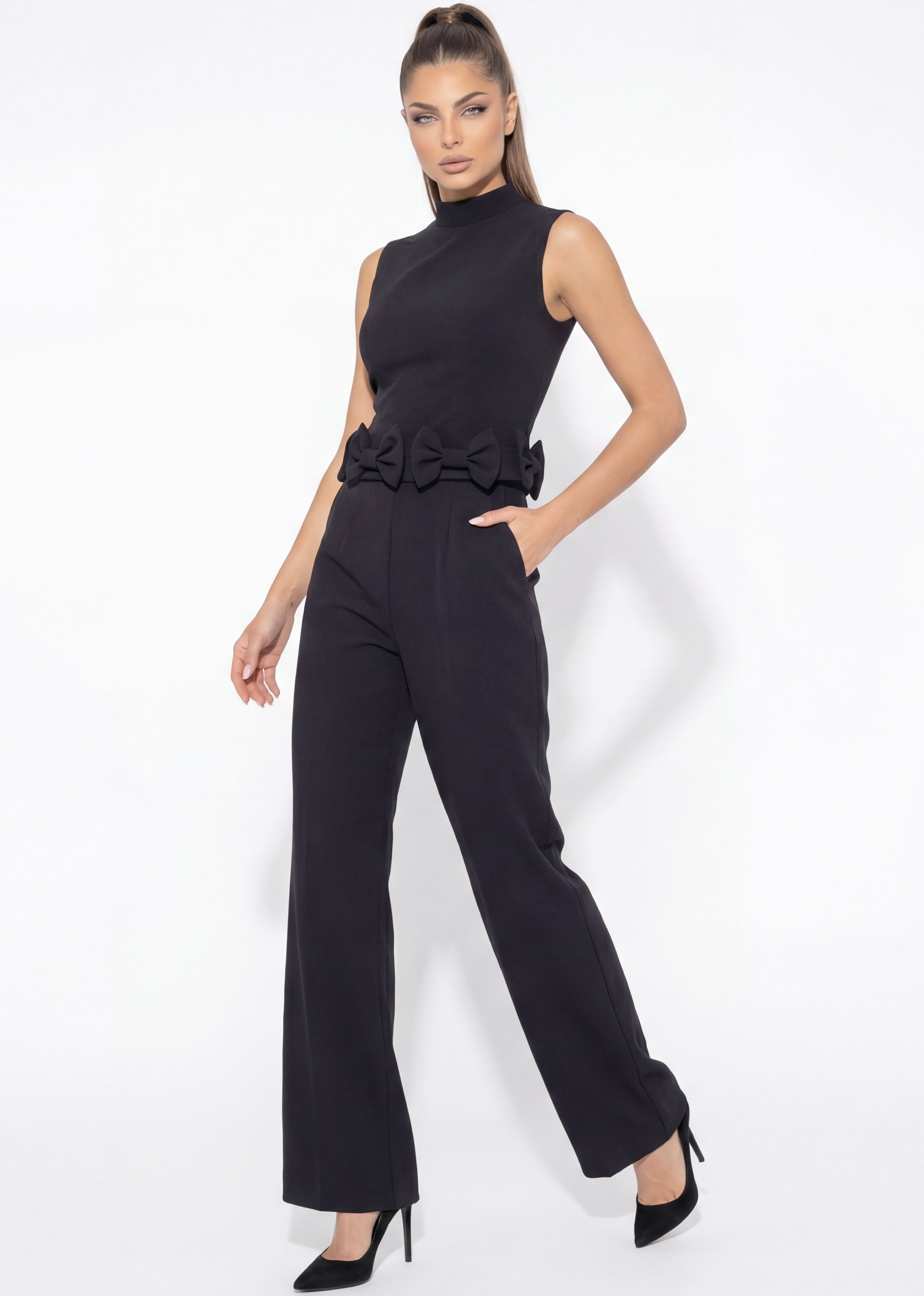 Black High Neck Full-Length Stretch Crepe Formal Jumpsuit with Bow Waist Detail Jovani 52822