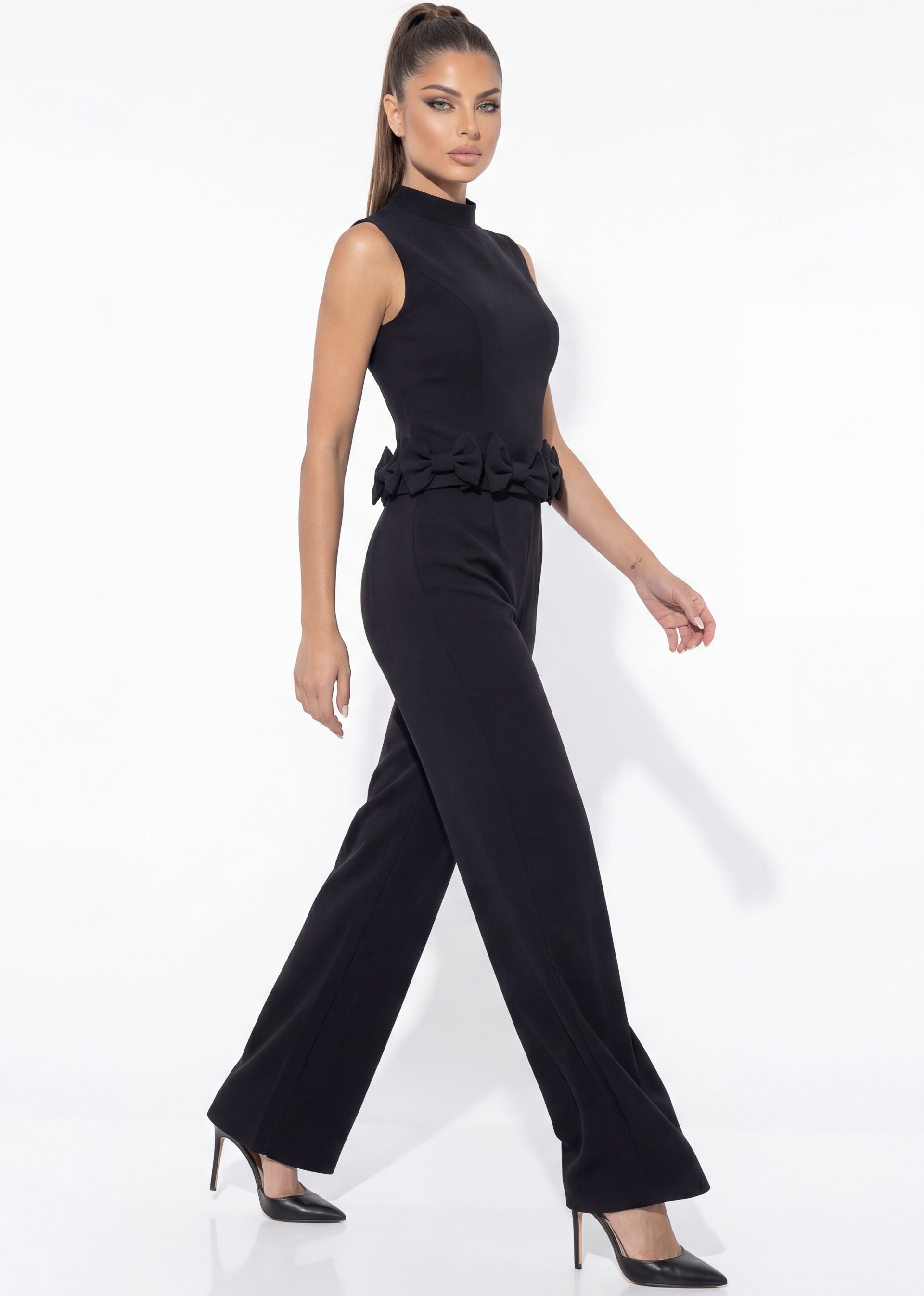 Black High Neck Full-Length Stretch Crepe Formal Jumpsuit with Bow Waist Detail Jovani 52822