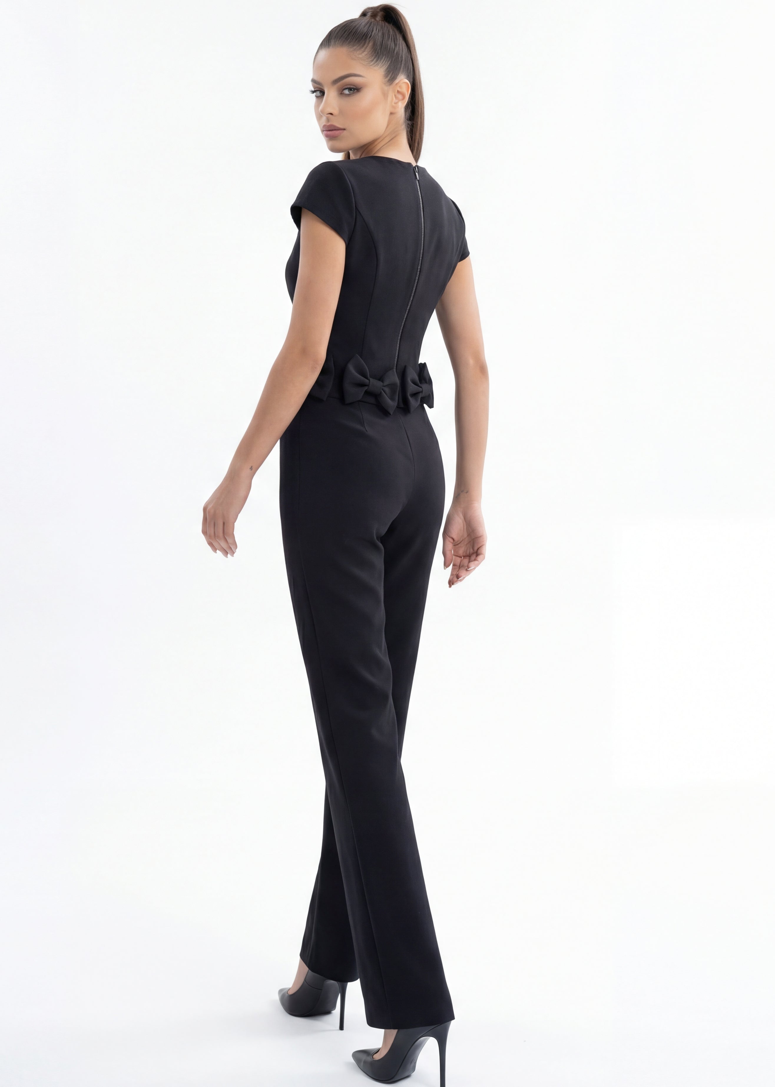 Black High Neck Full-Length Stretch Crepe Formal Jumpsuit with Bow Waist Detail Jovani 52822