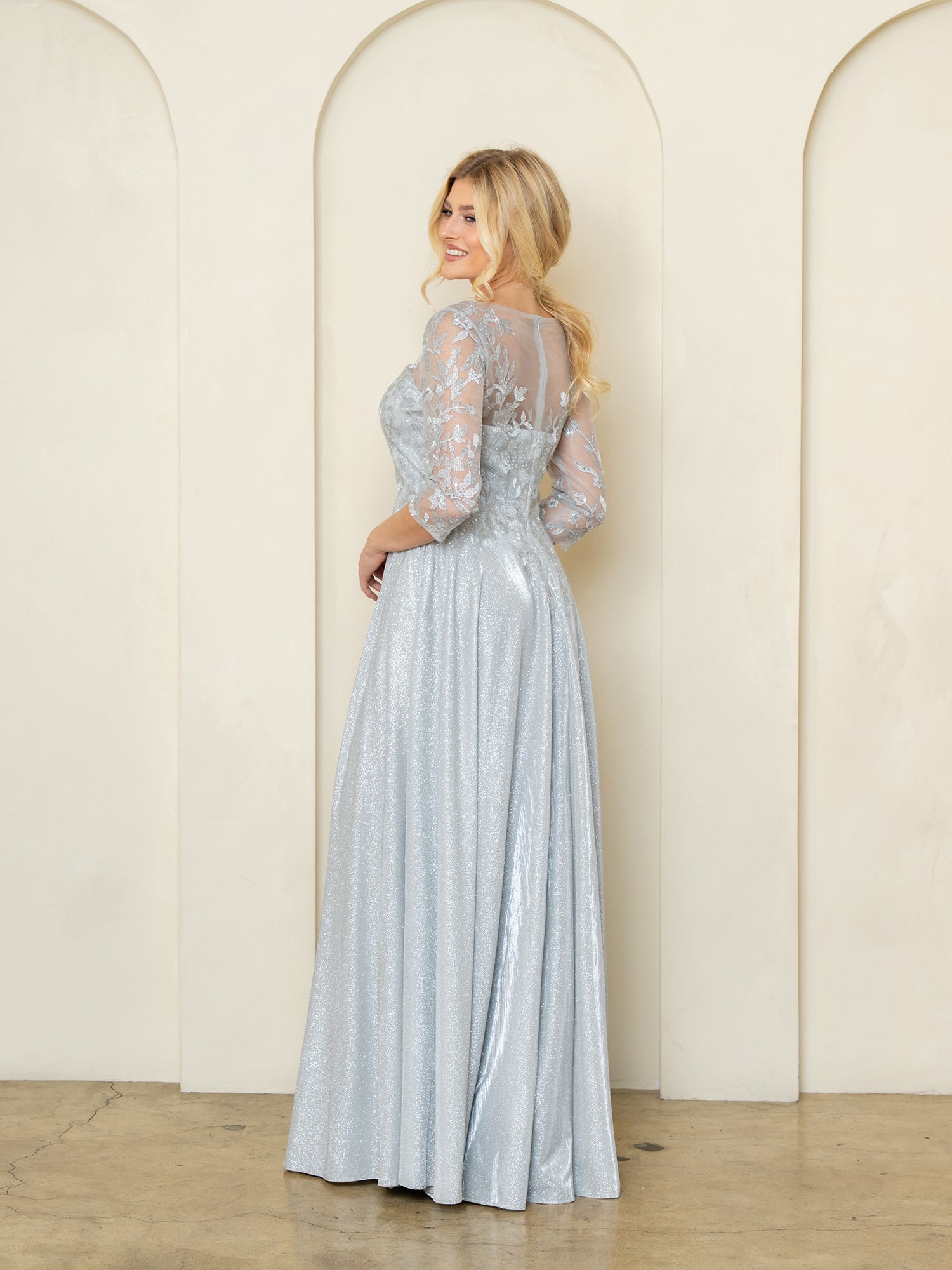 Mother of the Bride Dresses Glitter Long Sleeve Formal Beaded Mother of the Bride Dress Silver