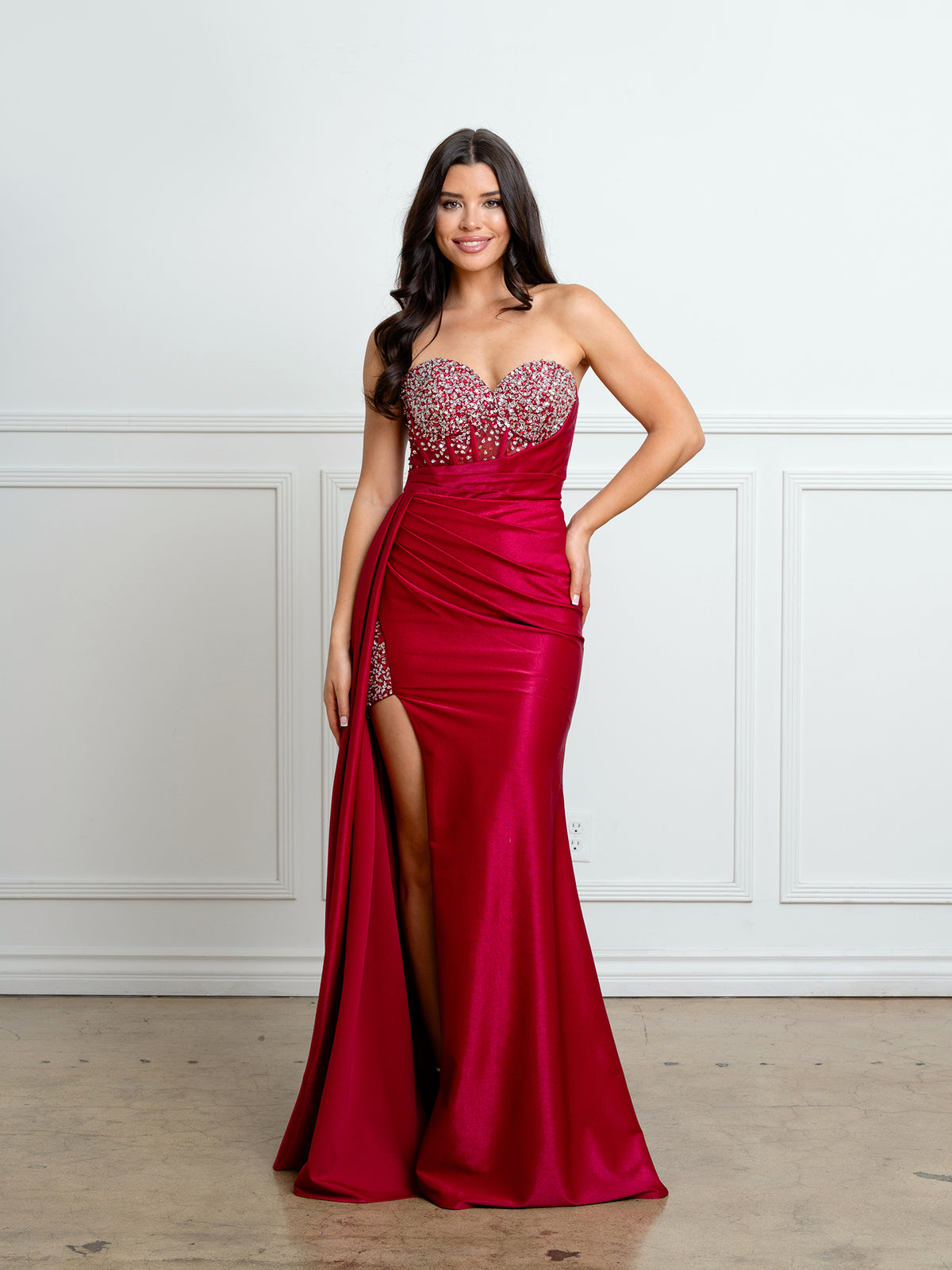 Prom Dresses Fitted Sequin Corset Beaded Long Formal Prom Dress Red