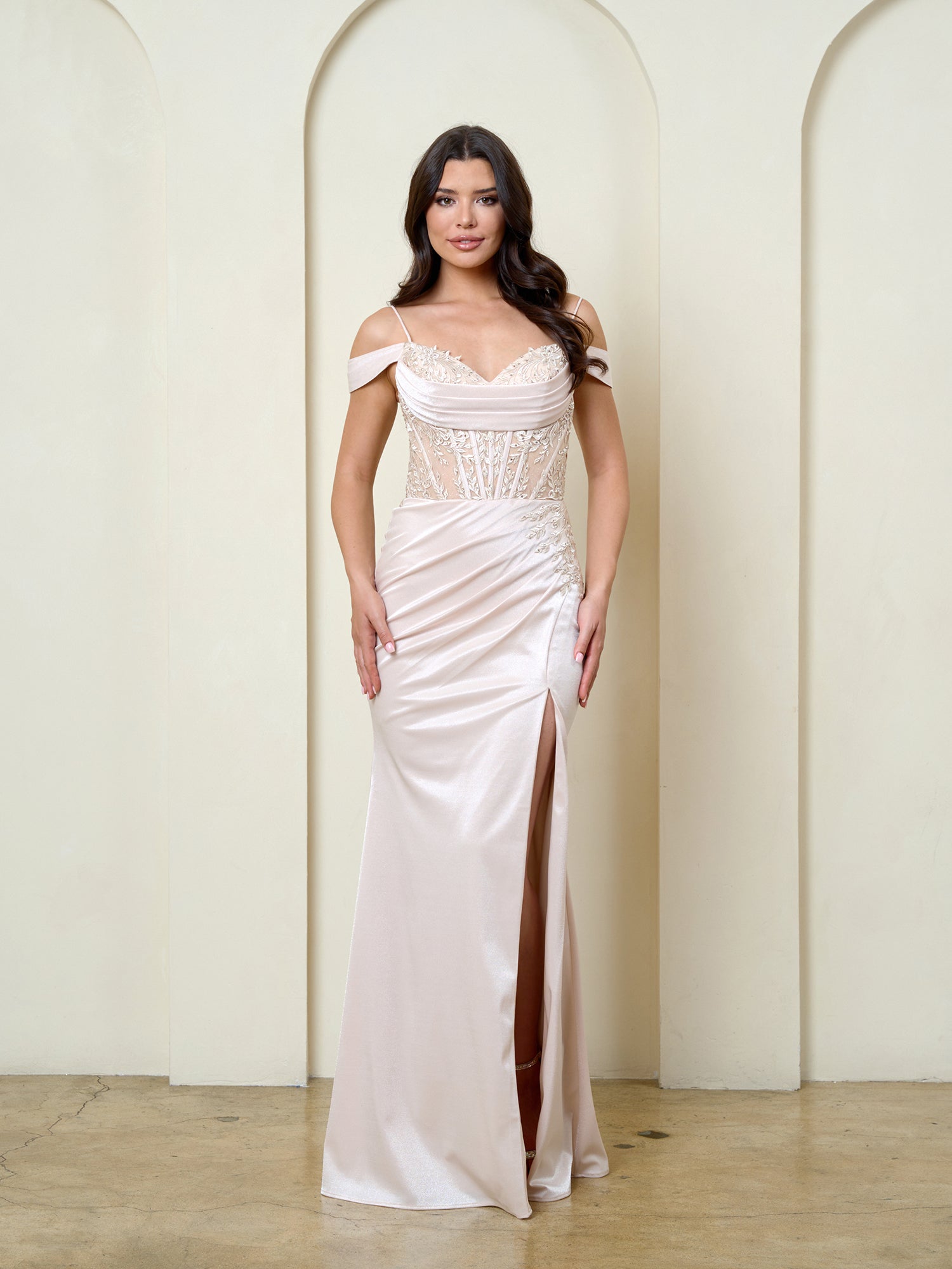 Prom Dresses Long Formal Beaded Fitted Corset Evening Prom Dress Eva Fashion 5307 Taupe