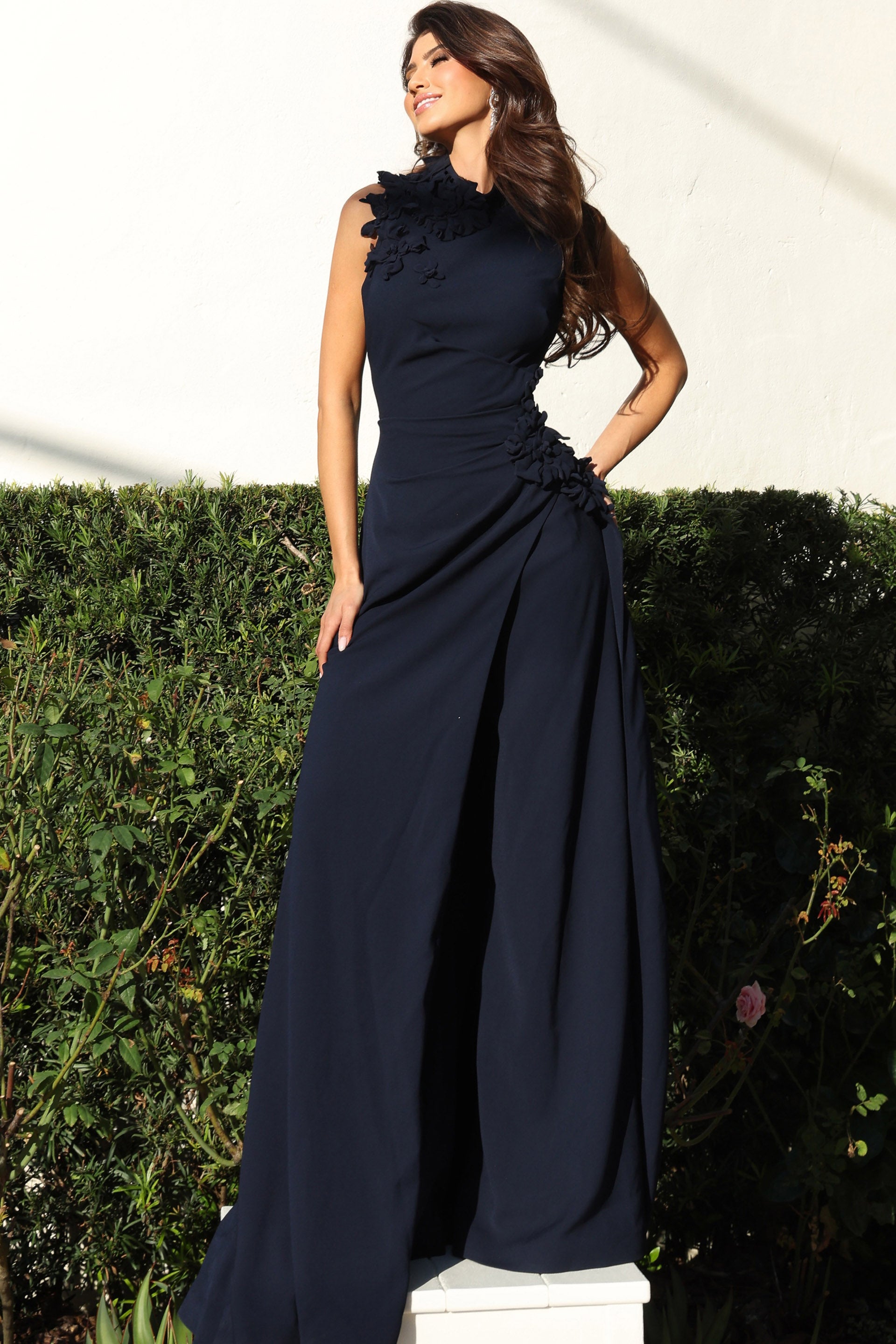 Navy High Jewel Neck Floor-Length Chiffon Formal Gown with Floral Appliqué Jovani 53168