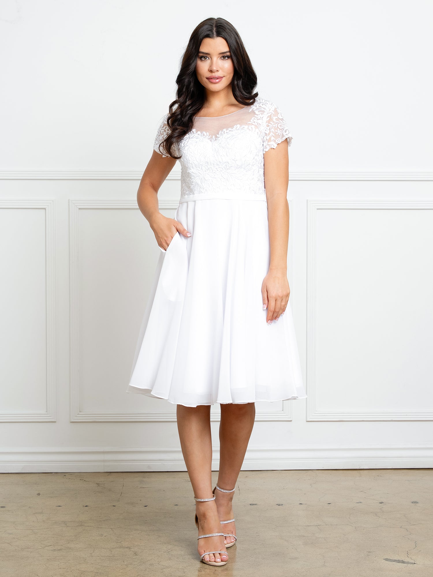 Illusion Tea-Length Chiffon Wedding Dress A-Line Eva Fashion 5319