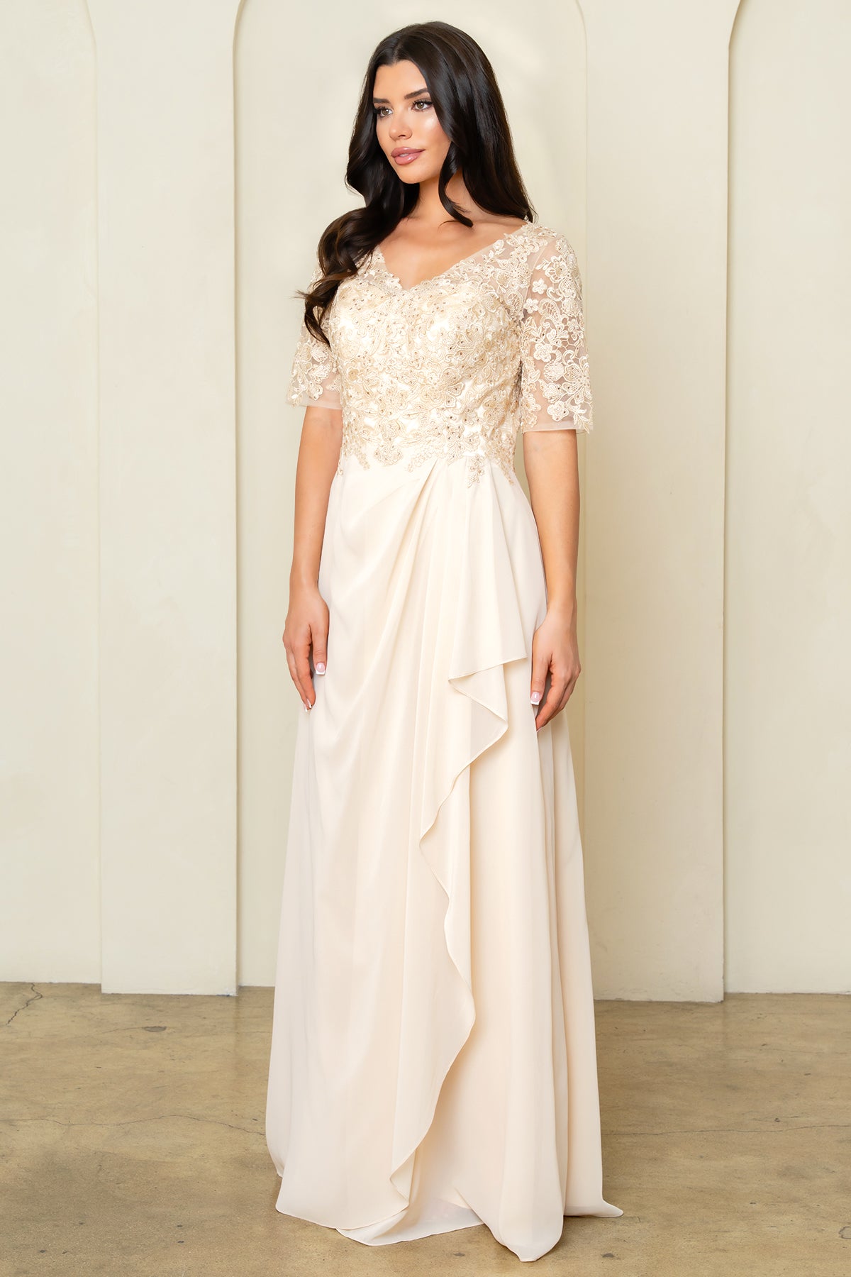 V-Neck Long Chiffon Mother of the Bride Dress by Eva Fashion 5322 in Champagne