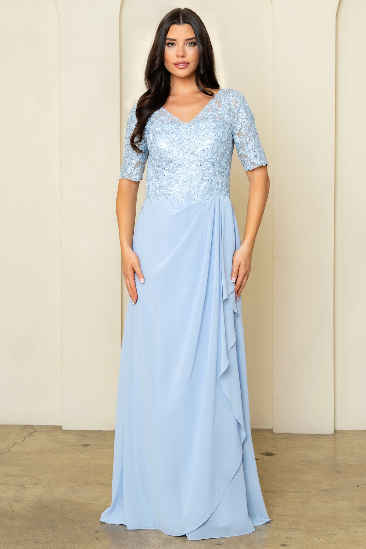 V-Neck Long Chiffon Mother of the Bride Dress by Eva Fashion 5322 in Dusty Blue
