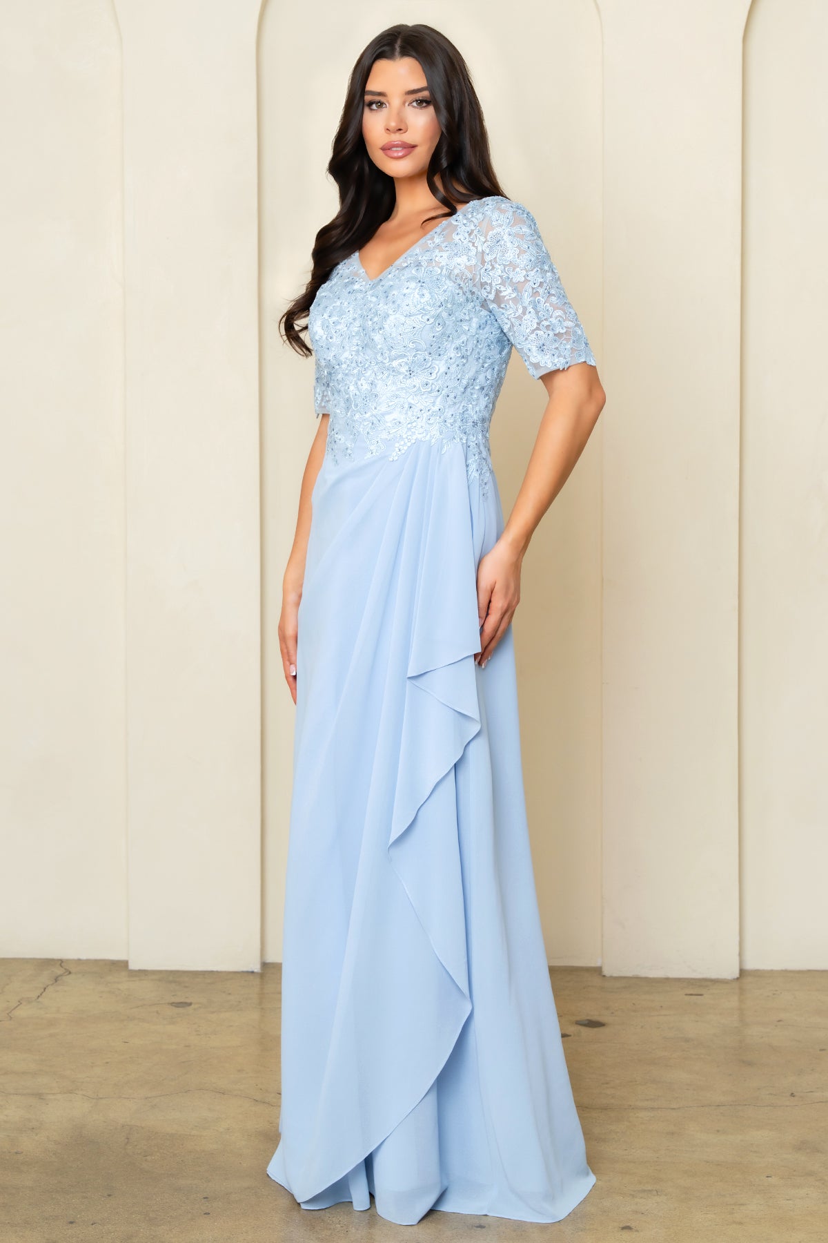 V-Neck Long Chiffon Mother of the Bride Dress by Eva Fashion 5322 in Dusty Blue