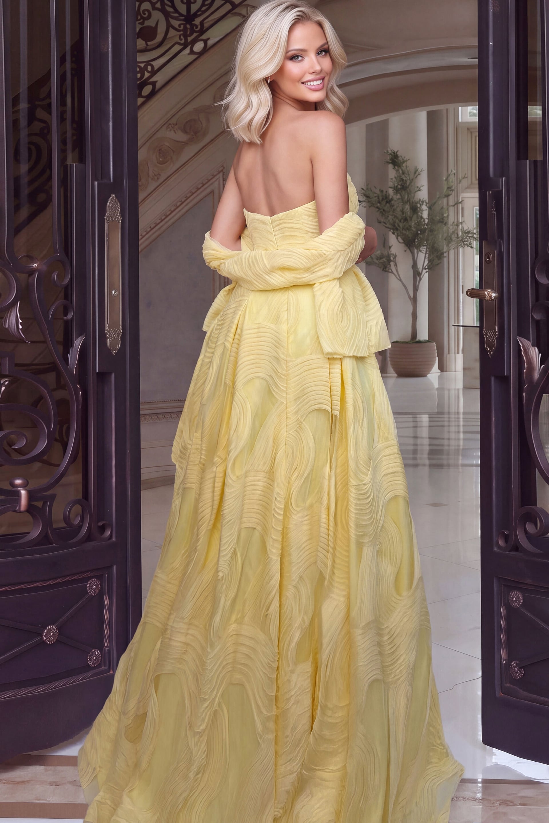 Strapless Curved Neck Floor-Length Satin Occasion Ball Gown Jovani 53366