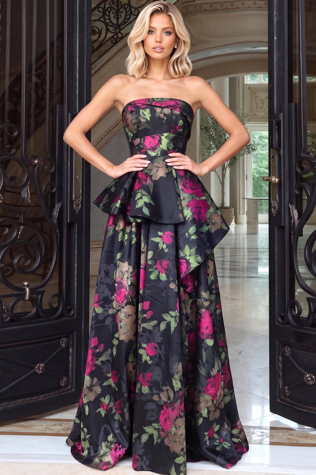 Strapless Curved Neck Floor-Length Satin Prom Ball Gown Jovani 53371