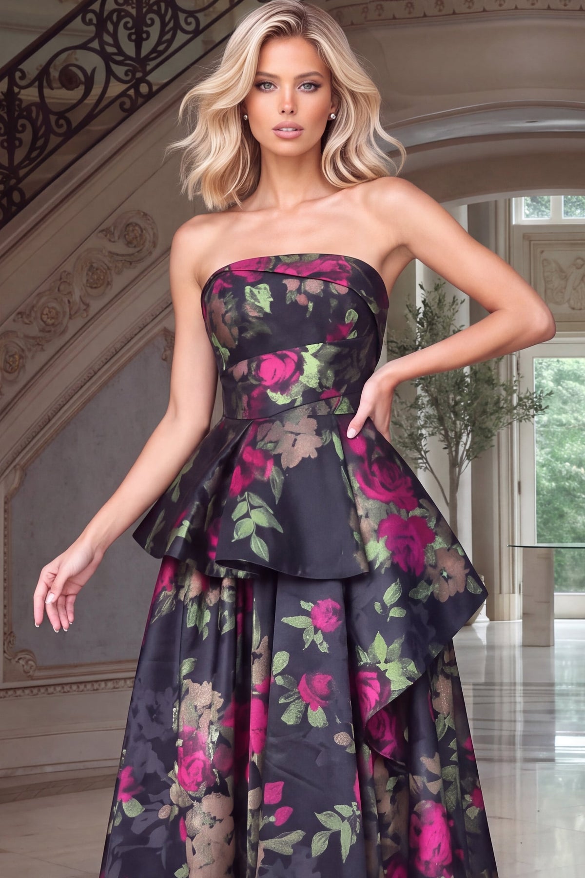 Strapless Curved Neck Floor-Length Satin Prom Ball Gown Jovani 53371