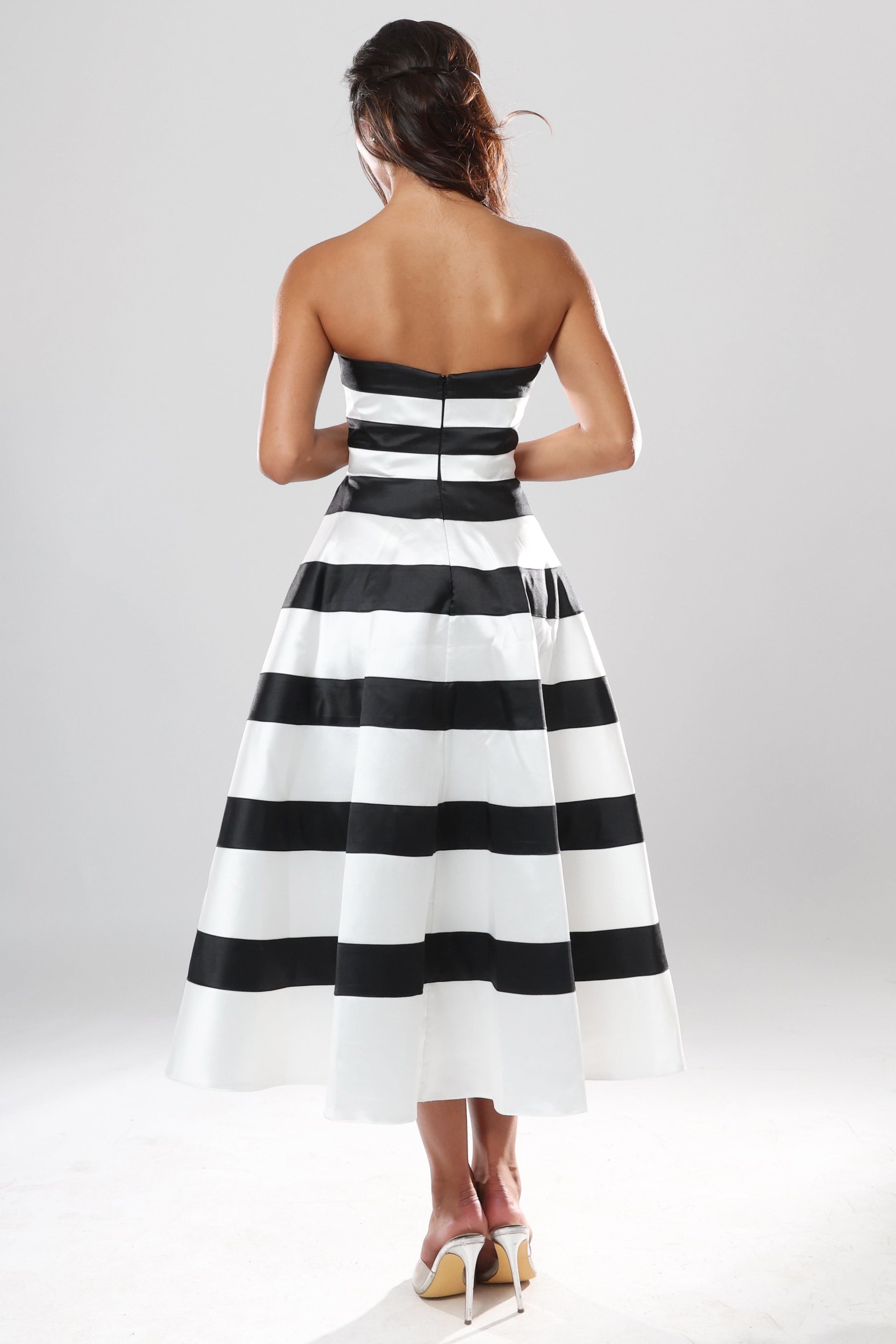 Black/White Strapless Midi Striped Satin A-Line Cocktail Dress Jovani 53462
