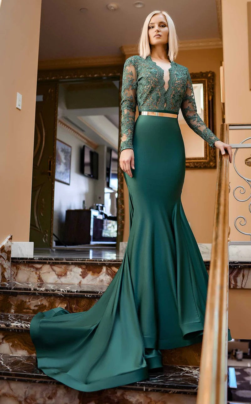 Formal Dresses Long Sleeve Fitted Formal Lace Evening Dress Black