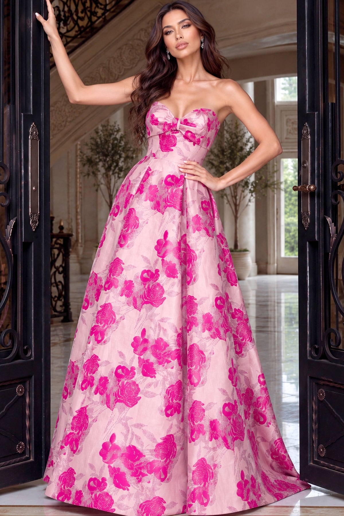 Strapless Curved Neck Floor-Length Satin Occasion Ball Gown Jovani 53509